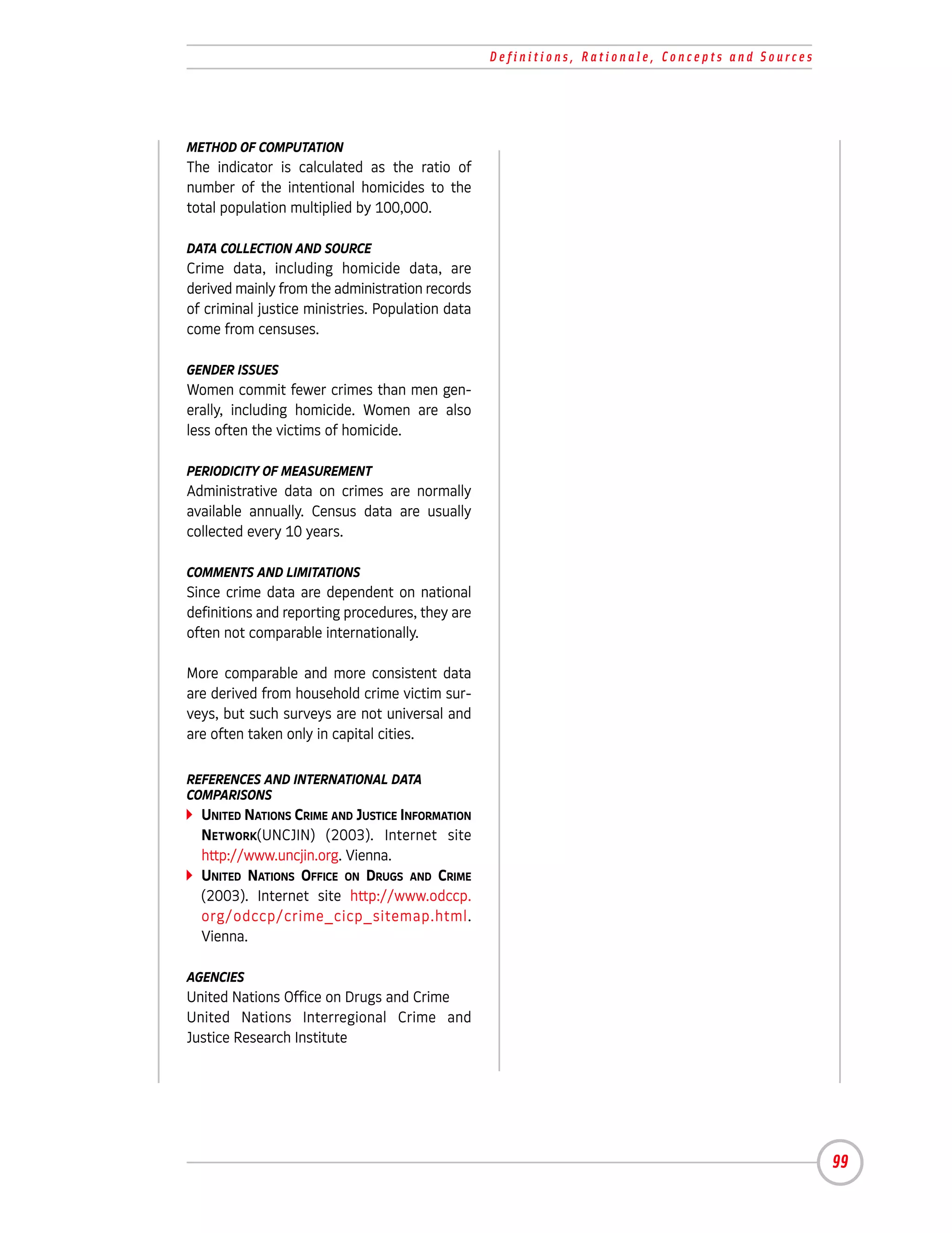 Definitions, Rationale, Concepts and Sources




METHOD OF COMPUTATION
The indicator is calculated as the ratio of
number of the intentional homicides to the
total population multiplied by 100,000.

DATA COLLECTION AND SOURCE
Crime data, including homicide data, are
derived mainly from the administration records
of criminal justice ministries. Population data
come from censuses.

GENDER ISSUES
Women commit fewer crimes than men gen-
erally, including homicide. Women are also
less often the victims of homicide.

PERIODICITY OF MEASUREMENT
Administrative data on crimes are normally
available annually. Census data are usually
collected every 10 years.

COMMENTS AND LIMITATIONS
Since crime data are dependent on national
definitions and reporting procedures, they are
often not comparable internationally.

More comparable and more consistent data
are derived from household crime victim sur-
veys, but such surveys are not universal and
are often taken only in capital cities.

REFERENCES AND INTERNATIONAL DATA
COMPARISONS
  UNITED NATIONS CRIME AND JUSTICE INFORMATION
  NETWORK(UNCJIN) (2003). Internet site
  http://www.uncjin.org. Vienna.
  UNITED NATIONS OFFICE ON DRUGS AND CRIME
  (2003). Internet site http://www.odccp.
  org/odccp/crime_cicp_sitemap.html.
  Vienna.

AGENCIES
United Nations Office on Drugs and Crime
United Nations Interregional Crime and
Justice Research Institute




                                                                                                 99
 