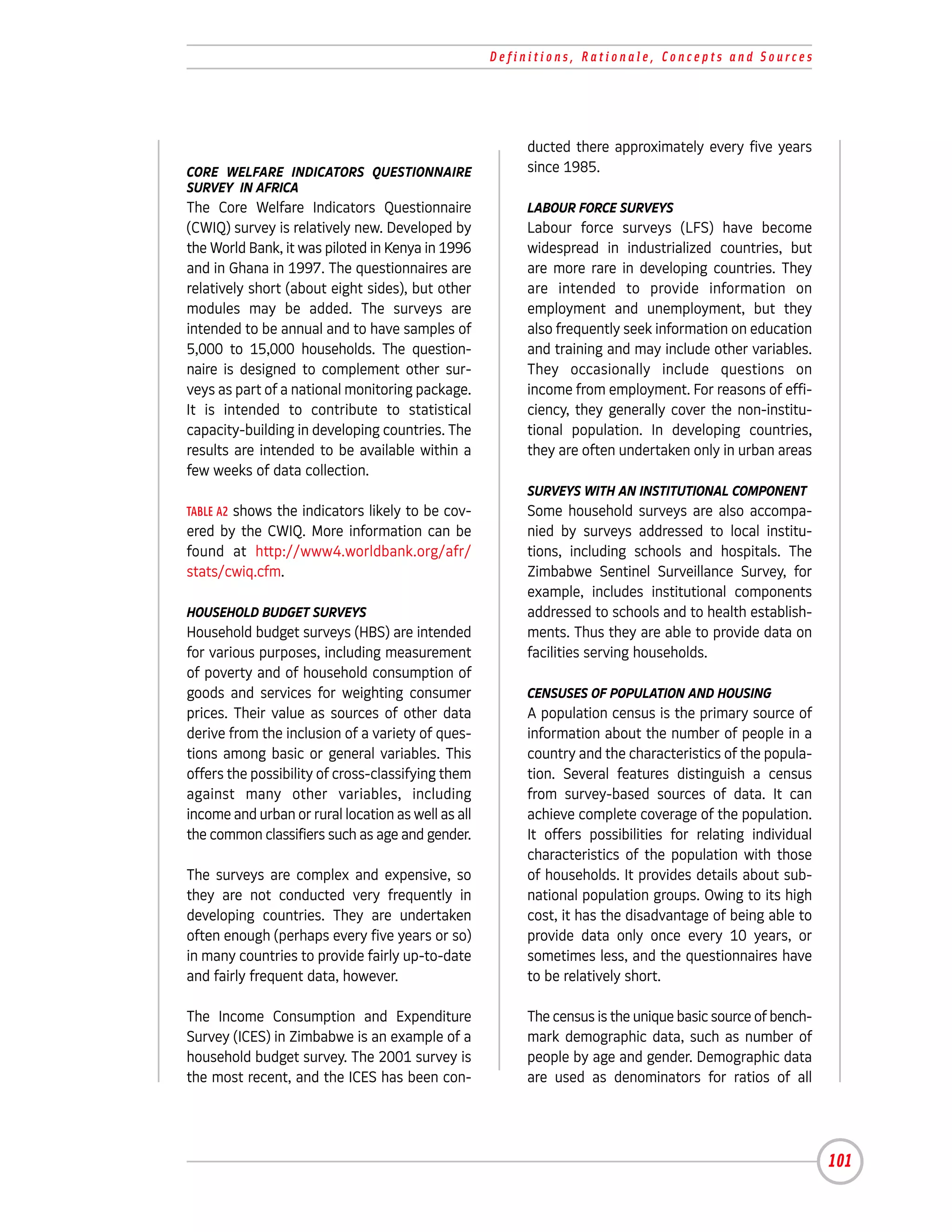 Definitions, Rationale, Concepts and Sources




                                                         ducted there approximately every five years
CORE WELFARE INDICATORS QUESTIONNAIRE                    since 1985.
SURVEY IN AFRICA
The Core Welfare Indicators Questionnaire                LABOUR FORCE SURVEYS
(CWIQ) survey is relatively new. Developed by            Labour force surveys (LFS) have become
the World Bank, it was piloted in Kenya in 1996          widespread in industrialized countries, but
and in Ghana in 1997. The questionnaires are             are more rare in developing countries. They
relatively short (about eight sides), but other          are intended to provide information on
modules may be added. The surveys are                    employment and unemployment, but they
intended to be annual and to have samples of             also frequently seek information on education
5,000 to 15,000 households. The question-                and training and may include other variables.
naire is designed to complement other sur-               They occasionally include questions on
veys as part of a national monitoring package.           income from employment. For reasons of effi-
It is intended to contribute to statistical              ciency, they generally cover the non-institu-
capacity-building in developing countries. The           tional population. In developing countries,
results are intended to be available within a            they are often undertaken only in urban areas
few weeks of data collection.
                                                         SURVEYS WITH AN INSTITUTIONAL COMPONENT
TABLE A2 shows the indicators likely to be cov-          Some household surveys are also accompa-
ered by the CWIQ. More information can be                nied by surveys addressed to local institu-
found at http://www4.worldbank.org/afr/                  tions, including schools and hospitals. The
stats/cwiq.cfm.                                          Zimbabwe Sentinel Surveillance Survey, for
                                                         example, includes institutional components
HOUSEHOLD BUDGET SURVEYS                                 addressed to schools and to health establish-
Household budget surveys (HBS) are intended              ments. Thus they are able to provide data on
for various purposes, including measurement              facilities serving households.
of poverty and of household consumption of
goods and services for weighting consumer                CENSUSES OF POPULATION AND HOUSING
prices. Their value as sources of other data             A population census is the primary source of
derive from the inclusion of a variety of ques-          information about the number of people in a
tions among basic or general variables. This             country and the characteristics of the popula-
offers the possibility of cross-classifying them         tion. Several features distinguish a census
against many other variables, including                  from survey-based sources of data. It can
income and urban or rural location as well as all        achieve complete coverage of the population.
the common classifiers such as age and gender.           It offers possibilities for relating individual
                                                         characteristics of the population with those
The surveys are complex and expensive, so                of households. It provides details about sub-
they are not conducted very frequently in                national population groups. Owing to its high
developing countries. They are undertaken                cost, it has the disadvantage of being able to
often enough (perhaps every five years or so)            provide data only once every 10 years, or
in many countries to provide fairly up-to-date           sometimes less, and the questionnaires have
and fairly frequent data, however.                       to be relatively short.

The Income Consumption and Expenditure                   The census is the unique basic source of bench-
Survey (ICES) in Zimbabwe is an example of a             mark demographic data, such as number of
household budget survey. The 2001 survey is              people by age and gender. Demographic data
the most recent, and the ICES has been con-              are used as denominators for ratios of all




                                                                                                           101
 