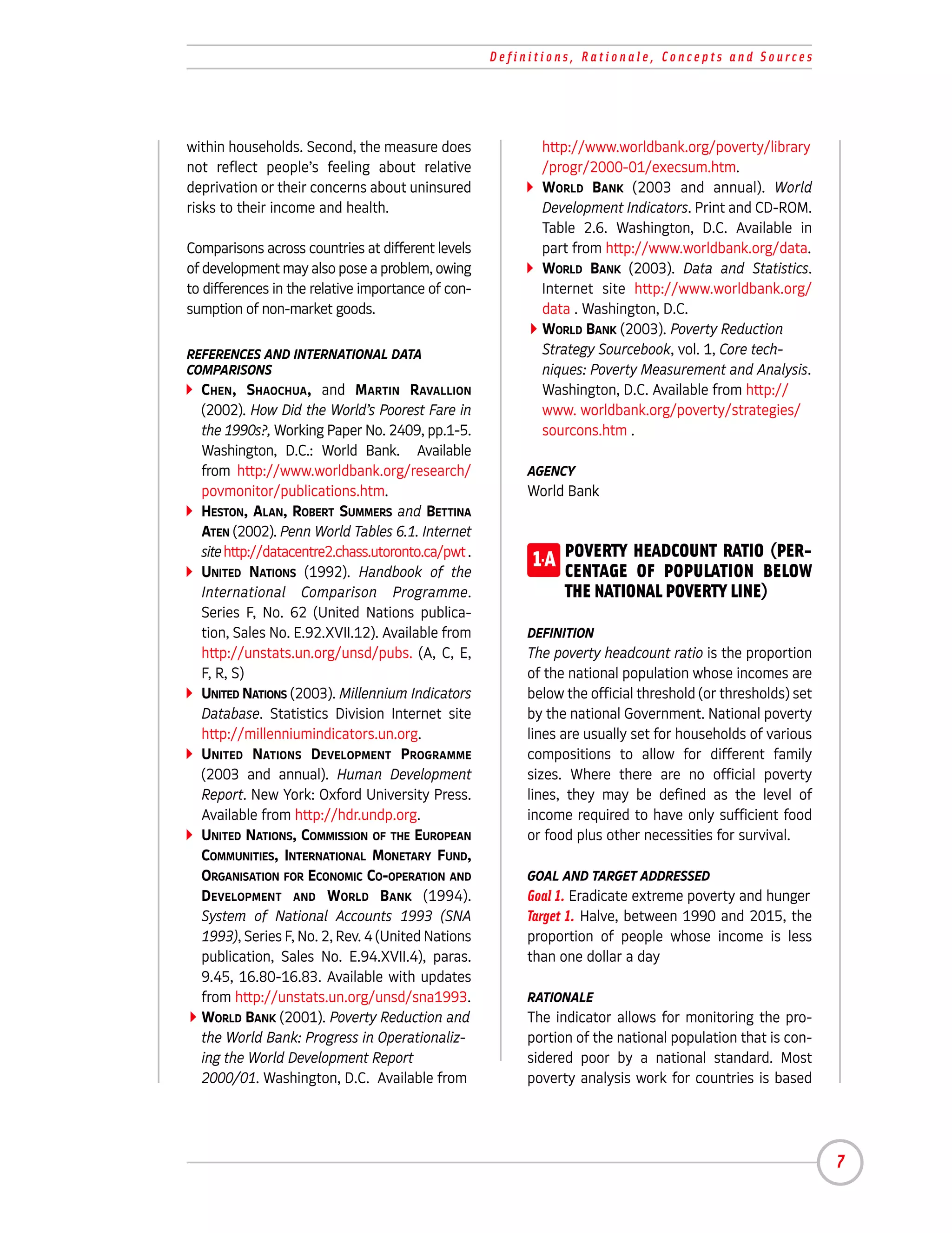 Definitions, Rationale, Concepts and Sources




within households. Second, the measure does                http://www.worldbank.org/poverty/library
not reflect people’s feeling about relative                /progr/2000-01/execsum.htm.
deprivation or their concerns about uninsured              WORLD BANK (2003 and annual). World
risks to their income and health.                          Development Indicators. Print and CD-ROM.
                                                           Table 2.6. Washington, D.C. Available in
Comparisons across countries at different levels           part from http://www.worldbank.org/data.
of development may also pose a problem, owing              WORLD BANK (2003). Data and Statistics.
to differences in the relative importance of con-          Internet site http://www.worldbank.org/
sumption of non-market goods.                              data . Washington, D.C.
                                                           WORLD BANK (2003). Poverty Reduction
REFERENCES AND INTERNATIONAL DATA                          Strategy Sourcebook, vol. 1, Core tech-
COMPARISONS                                                niques: Poverty Measurement and Analysis.
  CHEN, SHAOCHUA, and MARTIN RAVALLION                     Washington, D.C. Available from http://
  (2002). How Did the World’s Poorest Fare in              www. worldbank.org/poverty/strategies/
  the 1990s?, Working Paper No. 2409, pp.1-5.              sourcons.htm .
  Washington, D.C.: World Bank. Available
  from http://www.worldbank.org/research/                AGENCY
  povmonitor/publications.htm.                           World Bank
  HESTON, ALAN, ROBERT SUMMERS and BETTINA
  ATEN (2002). Penn World Tables 6.1. Internet
  site http://datacentre2.chass.utoronto.ca/pwt .
  UNITED NATIONS (1992). Handbook of the
                                                         1-A POVERTY HEADCOUNT RATIOBELOW
                                                             CENTAGE OF POPULATION
                                                                                     (PER-

  International Comparison Programme.                          THE NATIONAL POVERTY LINE)
  Series F, No. 62 (United Nations publica-
  tion, Sales No. E.92.XVII.12). Available from          DEFINITION
  http://unstats.un.org/unsd/pubs. (A, C, E,             The poverty headcount ratio is the proportion
  F, R, S)                                               of the national population whose incomes are
  UNITED NATIONS (2003). Millennium Indicators           below the official threshold (or thresholds) set
  Database. Statistics Division Internet site            by the national Government. National poverty
  http://millenniumindicators.un.org.                    lines are usually set for households of various
  UNITED NATIONS DEVELOPMENT PROGRAMME                   compositions to allow for different family
  (2003 and annual). Human Development                   sizes. Where there are no official poverty
  Report. New York: Oxford University Press.             lines, they may be defined as the level of
  Available from http://hdr.undp.org.                    income required to have only sufficient food
  UNITED NATIONS, COMMISSION OF THE EUROPEAN             or food plus other necessities for survival.
  COMMUNITIES, INTERNATIONAL MONETARY FUND,
  ORGANISATION FOR ECONOMIC CO-OPERATION AND             GOAL AND TARGET ADDRESSED
  DEVELOPMENT AND WORLD BANK (1994).                     Goal 1. Eradicate extreme poverty and hunger
  System of National Accounts 1993 (SNA                  Target 1. Halve, between 1990 and 2015, the
  1993), Series F, No. 2, Rev. 4 (United Nations         proportion of people whose income is less
  publication, Sales No. E.94.XVII.4), paras.            than one dollar a day
  9.45, 16.80-16.83. Available with updates
  from http://unstats.un.org/unsd/sna1993.               RATIONALE
  WORLD BANK (2001). Poverty Reduction and               The indicator allows for monitoring the pro-
  the World Bank: Progress in Operationaliz-             portion of the national population that is con-
  ing the World Development Report                       sidered poor by a national standard. Most
  2000/01. Washington, D.C. Available from               poverty analysis work for countries is based




                                                                                                            7
 