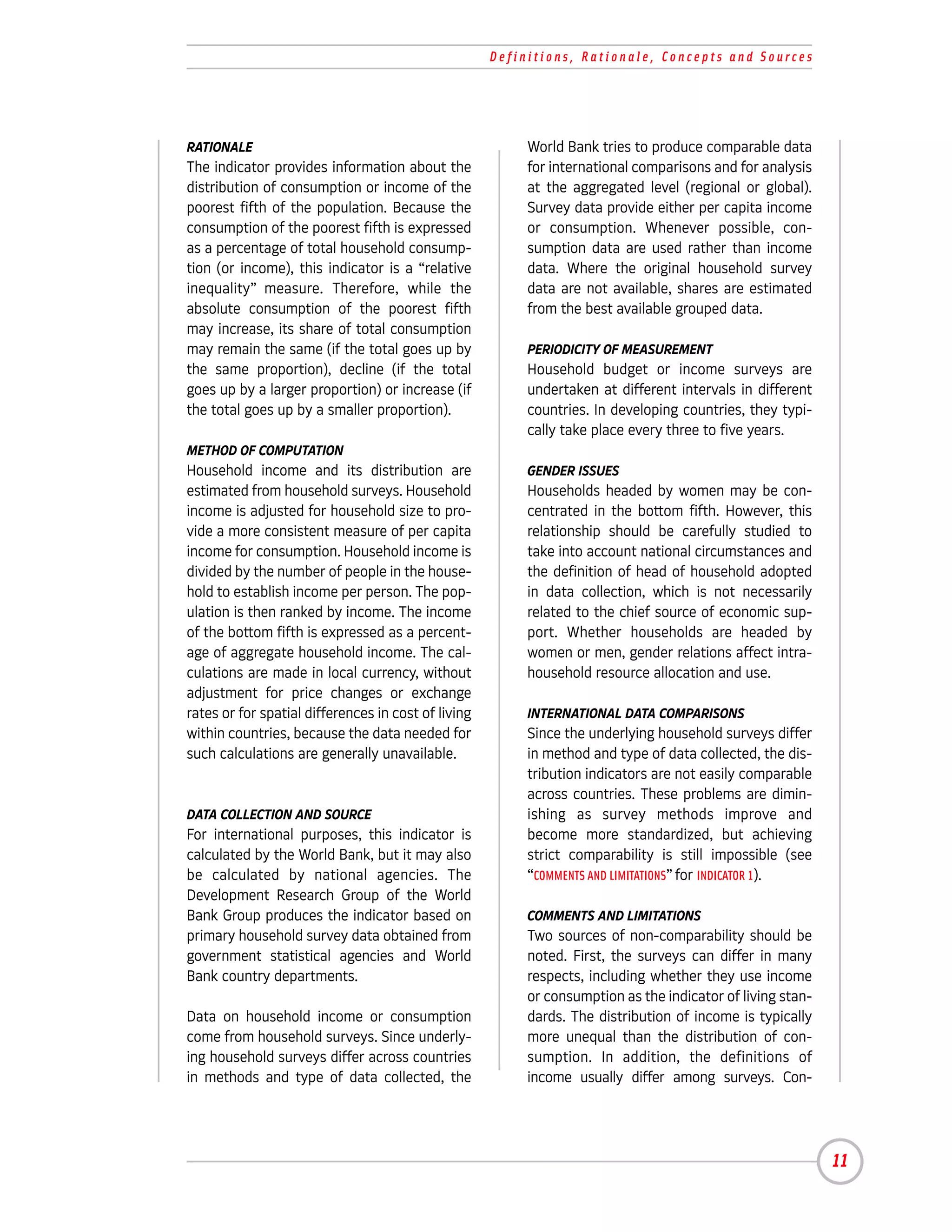 Definitions, Rationale, Concepts and Sources




RATIONALE                                                 World Bank tries to produce comparable data
The indicator provides information about the              for international comparisons and for analysis
distribution of consumption or income of the              at the aggregated level (regional or global).
poorest fifth of the population. Because the              Survey data provide either per capita income
consumption of the poorest fifth is expressed             or consumption. Whenever possible, con-
as a percentage of total household consump-               sumption data are used rather than income
tion (or income), this indicator is a “relative           data. Where the original household survey
inequality” measure. Therefore, while the                 data are not available, shares are estimated
absolute consumption of the poorest fifth                 from the best available grouped data.
may increase, its share of total consumption
may remain the same (if the total goes up by              PERIODICITY OF MEASUREMENT
the same proportion), decline (if the total               Household budget or income surveys are
goes up by a larger proportion) or increase (if           undertaken at different intervals in different
the total goes up by a smaller proportion).               countries. In developing countries, they typi-
                                                          cally take place every three to five years.
METHOD OF COMPUTATION
Household income and its distribution are                 GENDER ISSUES
estimated from household surveys. Household               Households headed by women may be con-
income is adjusted for household size to pro-             centrated in the bottom fifth. However, this
vide a more consistent measure of per capita              relationship should be carefully studied to
income for consumption. Household income is               take into account national circumstances and
divided by the number of people in the house-             the definition of head of household adopted
hold to establish income per person. The pop-             in data collection, which is not necessarily
ulation is then ranked by income. The income              related to the chief source of economic sup-
of the bottom fifth is expressed as a percent-            port. Whether households are headed by
age of aggregate household income. The cal-               women or men, gender relations affect intra-
culations are made in local currency, without             household resource allocation and use.
adjustment for price changes or exchange
rates or for spatial differences in cost of living        INTERNATIONAL DATA COMPARISONS
within countries, because the data needed for             Since the underlying household surveys differ
such calculations are generally unavailable.              in method and type of data collected, the dis-
                                                          tribution indicators are not easily comparable
                                                          across countries. These problems are dimin-
DATA COLLECTION AND SOURCE                                ishing as survey methods improve and
For international purposes, this indicator is             become more standardized, but achieving
calculated by the World Bank, but it may also             strict comparability is still impossible (see
be calculated by national agencies. The                   “COMMENTS AND LIMITATIONS” for INDICATOR 1).
Development Research Group of the World
Bank Group produces the indicator based on                COMMENTS AND LIMITATIONS
primary household survey data obtained from               Two sources of non-comparability should be
government statistical agencies and World                 noted. First, the surveys can differ in many
Bank country departments.                                 respects, including whether they use income
                                                          or consumption as the indicator of living stan-
Data on household income or consumption                   dards. The distribution of income is typically
come from household surveys. Since underly-               more unequal than the distribution of con-
ing household surveys differ across countries             sumption. In addition, the definitions of
in methods and type of data collected, the                income usually differ among surveys. Con-




                                                                                                            11
 