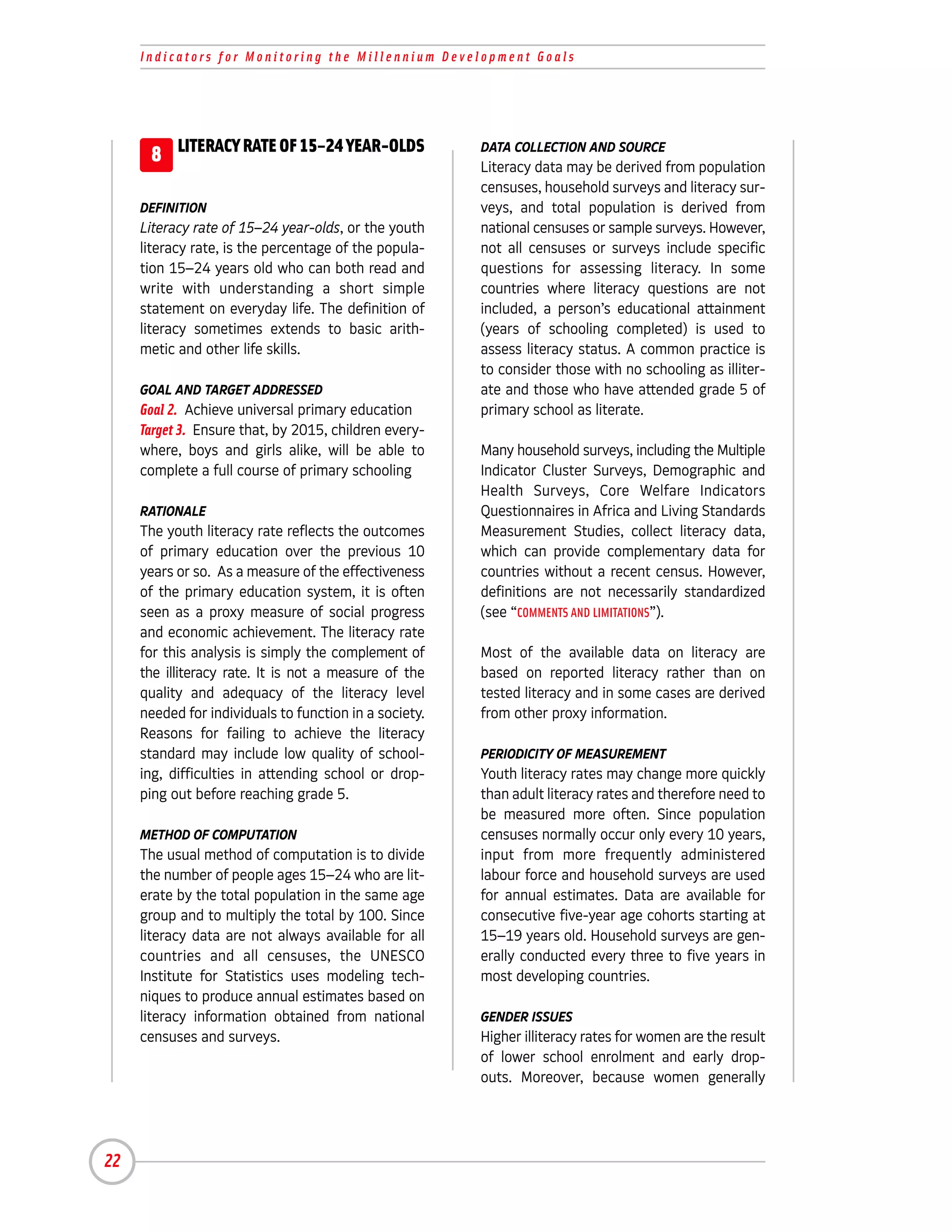 Indicators for Monitoring the Millennium Development Goals




      8 LITERACY RATE OF 15–24 YEAR-OLDS                DATA COLLECTION AND SOURCE
                                                        Literacy data may be derived from population
                                                        censuses, household surveys and literacy sur-
     DEFINITION                                         veys, and total population is derived from
     Literacy rate of 15–24 year-olds, or the youth     national censuses or sample surveys. However,
     literacy rate, is the percentage of the popula-    not all censuses or surveys include specific
     tion 15–24 years old who can both read and         questions for assessing literacy. In some
     write with understanding a short simple            countries where literacy questions are not
     statement on everyday life. The definition of      included, a person’s educational attainment
     literacy sometimes extends to basic arith-         (years of schooling completed) is used to
     metic and other life skills.                       assess literacy status. A common practice is
                                                        to consider those with no schooling as illiter-
     GOAL AND TARGET ADDRESSED                          ate and those who have attended grade 5 of
     Goal 2. Achieve universal primary education        primary school as literate.
     Target 3. Ensure that, by 2015, children every-
     where, boys and girls alike, will be able to       Many household surveys, including the Multiple
     complete a full course of primary schooling        Indicator Cluster Surveys, Demographic and
                                                        Health Surveys, Core Welfare Indicators
     RATIONALE                                          Questionnaires in Africa and Living Standards
     The youth literacy rate reflects the outcomes      Measurement Studies, collect literacy data,
     of primary education over the previous 10          which can provide complementary data for
     years or so. As a measure of the effectiveness     countries without a recent census. However,
     of the primary education system, it is often       definitions are not necessarily standardized
     seen as a proxy measure of social progress         (see “COMMENTS AND LIMITATIONS”).
     and economic achievement. The literacy rate
     for this analysis is simply the complement of      Most of the available data on literacy are
     the illiteracy rate. It is not a measure of the    based on reported literacy rather than on
     quality and adequacy of the literacy level         tested literacy and in some cases are derived
     needed for individuals to function in a society.   from other proxy information.
     Reasons for failing to achieve the literacy
     standard may include low quality of school-        PERIODICITY OF MEASUREMENT
     ing, difficulties in attending school or drop-     Youth literacy rates may change more quickly
     ping out before reaching grade 5.                  than adult literacy rates and therefore need to
                                                        be measured more often. Since population
     METHOD OF COMPUTATION                              censuses normally occur only every 10 years,
     The usual method of computation is to divide       input from more frequently administered
     the number of people ages 15–24 who are lit-       labour force and household surveys are used
     erate by the total population in the same age      for annual estimates. Data are available for
     group and to multiply the total by 100. Since      consecutive five-year age cohorts starting at
     literacy data are not always available for all     15–19 years old. Household surveys are gen-
     countries and all censuses, the UNESCO             erally conducted every three to five years in
     Institute for Statistics uses modeling tech-       most developing countries.
     niques to produce annual estimates based on
     literacy information obtained from national        GENDER ISSUES
     censuses and surveys.                              Higher illiteracy rates for women are the result
                                                        of lower school enrolment and early drop-
                                                        outs. Moreover, because women generally




22
 