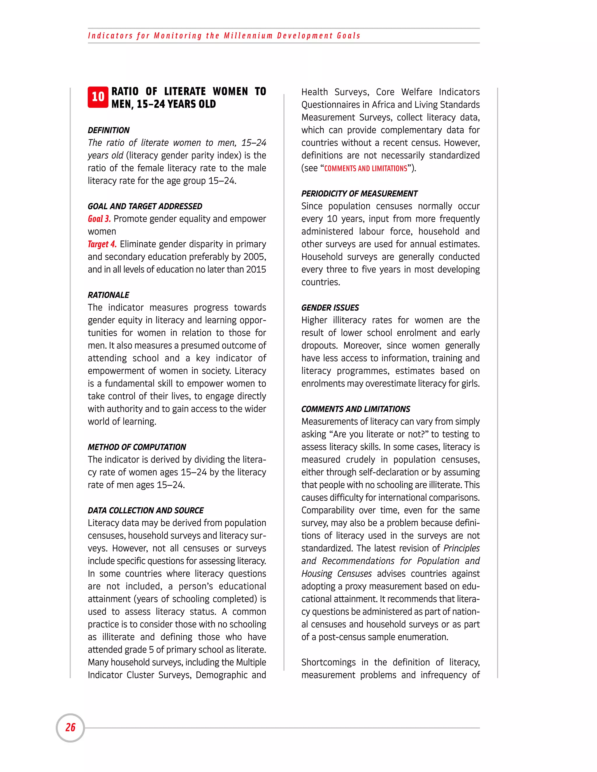 Indicators for Monitoring the Millennium Development Goals




      10 RATIO15–24LITERATE WOMEN TO
         MEN,
                OF
                    YEARS OLD
                                                          Health Surveys, Core Welfare Indicators
                                                          Questionnaires in Africa and Living Standards
                                                          Measurement Surveys, collect literacy data,
     DEFINITION                                           which can provide complementary data for
     The ratio of literate women to men, 15–24            countries without a recent census. However,
     years old (literacy gender parity index) is the      definitions are not necessarily standardized
     ratio of the female literacy rate to the male        (see “COMMENTS AND LIMITATIONS”).
     literacy rate for the age group 15–24.
                                                          PERIODICITY OF MEASUREMENT
     GOAL AND TARGET ADDRESSED                            Since population censuses normally occur
     Goal 3. Promote gender equality and empower          every 10 years, input from more frequently
     women                                                administered labour force, household and
     Target 4. Eliminate gender disparity in primary      other surveys are used for annual estimates.
     and secondary education preferably by 2005,          Household surveys are generally conducted
     and in all levels of education no later than 2015    every three to five years in most developing
                                                          countries.
     RATIONALE
     The indicator measures progress towards              GENDER ISSUES
     gender equity in literacy and learning oppor-        Higher illiteracy rates for women are the
     tunities for women in relation to those for          result of lower school enrolment and early
     men. It also measures a presumed outcome of          dropouts. Moreover, since women generally
     attending school and a key indicator of              have less access to information, training and
     empowerment of women in society. Literacy            literacy programmes, estimates based on
     is a fundamental skill to empower women to           enrolments may overestimate literacy for girls.
     take control of their lives, to engage directly
     with authority and to gain access to the wider       COMMENTS AND LIMITATIONS
     world of learning.                                   Measurements of literacy can vary from simply
                                                          asking “Are you literate or not?” to testing to
     METHOD OF COMPUTATION                                assess literacy skills. In some cases, literacy is
     The indicator is derived by dividing the litera-     measured crudely in population censuses,
     cy rate of women ages 15–24 by the literacy          either through self-declaration or by assuming
     rate of men ages 15–24.                              that people with no schooling are illiterate. This
                                                          causes difficulty for international comparisons.
     DATA COLLECTION AND SOURCE                           Comparability over time, even for the same
     Literacy data may be derived from population         survey, may also be a problem because defini-
     censuses, household surveys and literacy sur-        tions of literacy used in the surveys are not
     veys. However, not all censuses or surveys           standardized. The latest revision of Principles
     include specific questions for assessing literacy.   and Recommendations for Population and
     In some countries where literacy questions           Housing Censuses advises countries against
     are not included, a person’s educational             adopting a proxy measurement based on edu-
     attainment (years of schooling completed) is         cational attainment. It recommends that litera-
     used to assess literacy status. A common             cy questions be administered as part of nation-
     practice is to consider those with no schooling      al censuses and household surveys or as part
     as illiterate and defining those who have            of a post-census sample enumeration.
     attended grade 5 of primary school as literate.
     Many household surveys, including the Multiple       Shortcomings in the definition of literacy,
     Indicator Cluster Surveys, Demographic and           measurement problems and infrequency of




26
 