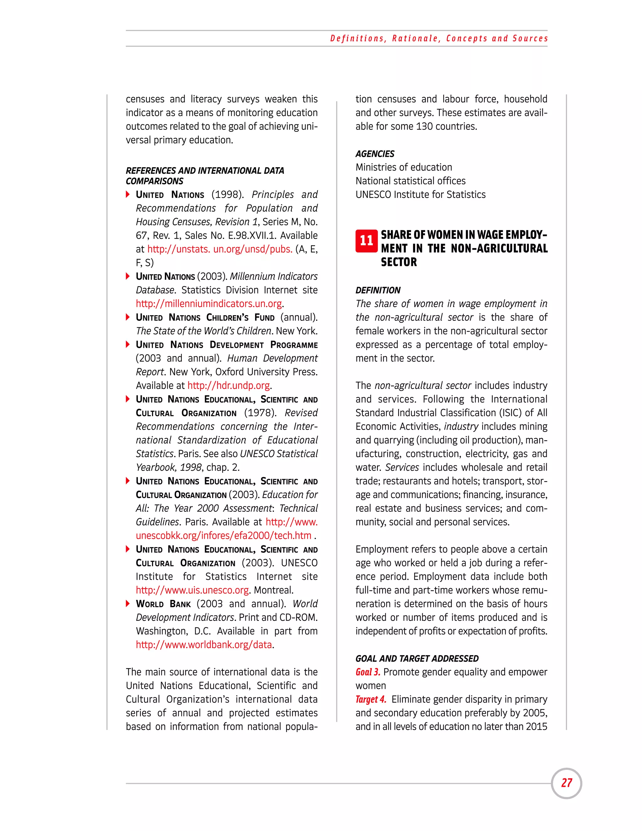 Definitions, Rationale, Concepts and Sources




censuses and literacy surveys weaken this               tion censuses and labour force, household
indicator as a means of monitoring education            and other surveys. These estimates are avail-
outcomes related to the goal of achieving uni-          able for some 130 countries.
versal primary education.
                                                        AGENCIES
REFERENCES AND INTERNATIONAL DATA                       Ministries of education
COMPARISONS                                             National statistical offices
  UNITED NATIONS (1998). Principles and                 UNESCO Institute for Statistics
  Recommendations for Population and
  Housing Censuses, Revision 1, Series M, No.
  67, Rev. 1, Sales No. E.98.XVII.1. Available
  at http://unstats. un.org/unsd/pubs. (A, E,
                                                         11 SHARE IN WOMEN IN WAGE EMPLOY-
                                                            MENT
                                                                  OF
                                                                     THE NON-AGRICULTURAL
  F, S)                                                       SECTOR
  UNITED NATIONS (2003). Millennium Indicators
  Database. Statistics Division Internet site           DEFINITION
  http://millenniumindicators.un.org.                   The share of women in wage employment in
  UNITED NATIONS CHILDREN’S FUND (annual).              the non-agricultural sector is the share of
  The State of the World’s Children. New York.          female workers in the non-agricultural sector
  UNITED NATIONS DEVELOPMENT PROGRAMME                  expressed as a percentage of total employ-
  (2003 and annual). Human Development                  ment in the sector.
  Report. New York, Oxford University Press.
  Available at http://hdr.undp.org.                     The non-agricultural sector includes industry
  UNITED NATIONS EDUCATIONAL, SCIENTIFIC AND            and services. Following the International
  CULTURAL ORGANIZATION (1978). Revised                 Standard Industrial Classification (ISIC) of All
  Recommendations concerning the Inter-                 Economic Activities, industry includes mining
  national Standardization of Educational               and quarrying (including oil production), man-
  Statistics. Paris. See also UNESCO Statistical        ufacturing, construction, electricity, gas and
  Yearbook, 1998, chap. 2.                              water. Services includes wholesale and retail
  UNITED NATIONS EDUCATIONAL, SCIENTIFIC AND            trade; restaurants and hotels; transport, stor-
  CULTURAL ORGANIZATION (2003). Education for           age and communications; financing, insurance,
  All: The Year 2000 Assessment: Technical              real estate and business services; and com-
  Guidelines. Paris. Available at http://www.           munity, social and personal services.
  unescobkk.org/infores/efa2000/tech.htm .
  UNITED NATIONS EDUCATIONAL, SCIENTIFIC AND            Employment refers to people above a certain
  CULTURAL ORGANIZATION (2003). UNESCO                  age who worked or held a job during a refer-
  Institute for Statistics Internet site                ence period. Employment data include both
  http://www.uis.unesco.org. Montreal.                  full-time and part-time workers whose remu-
  WORLD BANK (2003 and annual). World                   neration is determined on the basis of hours
  Development Indicators. Print and CD-ROM.             worked or number of items produced and is
  Washington, D.C. Available in part from               independent of profits or expectation of profits.
  http://www.worldbank.org/data.
                                                        GOAL AND TARGET ADDRESSED
The main source of international data is the            Goal 3. Promote gender equality and empower
United Nations Educational, Scientific and              women
Cultural Organization’s international data              Target 4. Eliminate gender disparity in primary
series of annual and projected estimates                and secondary education preferably by 2005,
based on information from national popula-              and in all levels of education no later than 2015




                                                                                                            27
 