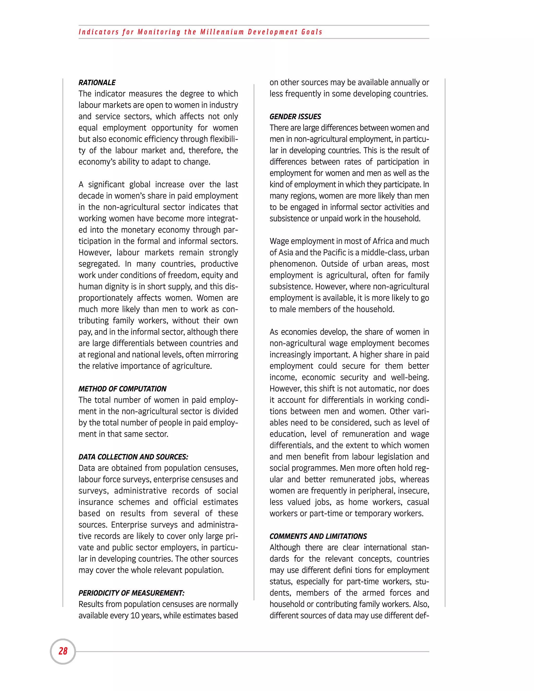 Indicators for Monitoring the Millennium Development Goals




     RATIONALE                                          on other sources may be available annually or
     The indicator measures the degree to which         less frequently in some developing countries.
     labour markets are open to women in industry
     and service sectors, which affects not only        GENDER ISSUES
     equal employment opportunity for women             There are large differences between women and
     but also economic efficiency through flexibili-    men in non-agricultural employment, in particu-
     ty of the labour market and, therefore, the        lar in developing countries. This is the result of
     economy’s ability to adapt to change.              differences between rates of participation in
                                                        employment for women and men as well as the
     A significant global increase over the last        kind of employment in which they participate. In
     decade in women’s share in paid employment         many regions, women are more likely than men
     in the non-agricultural sector indicates that      to be engaged in informal sector activities and
     working women have become more integrat-           subsistence or unpaid work in the household.
     ed into the monetary economy through par-
     ticipation in the formal and informal sectors.     Wage employment in most of Africa and much
     However, labour markets remain strongly            of Asia and the Pacific is a middle-class, urban
     segregated. In many countries, productive          phenomenon. Outside of urban areas, most
     work under conditions of freedom, equity and       employment is agricultural, often for family
     human dignity is in short supply, and this dis-    subsistence. However, where non-agricultural
     proportionately affects women. Women are           employment is available, it is more likely to go
     much more likely than men to work as con-          to male members of the household.
     tributing family workers, without their own
     pay, and in the informal sector, although there    As economies develop, the share of women in
     are large differentials between countries and      non-agricultural wage employment becomes
     at regional and national levels, often mirroring   increasingly important. A higher share in paid
     the relative importance of agriculture.            employment could secure for them better
                                                        income, economic security and well-being.
     METHOD OF COMPUTATION                              However, this shift is not automatic, nor does
     The total number of women in paid employ-          it account for differentials in working condi-
     ment in the non-agricultural sector is divided     tions between men and women. Other vari-
     by the total number of people in paid employ-      ables need to be considered, such as level of
     ment in that same sector.                          education, level of remuneration and wage
                                                        differentials, and the extent to which women
     DATA COLLECTION AND SOURCES:                       and men benefit from labour legislation and
     Data are obtained from population censuses,        social programmes. Men more often hold reg-
     labour force surveys, enterprise censuses and      ular and better remunerated jobs, whereas
     surveys, administrative records of social          women are frequently in peripheral, insecure,
     insurance schemes and official estimates           less valued jobs, as home workers, casual
     based on results from several of these             workers or part-time or temporary workers.
     sources. Enterprise surveys and administra-
     tive records are likely to cover only large pri-   COMMENTS AND LIMITATIONS
     vate and public sector employers, in particu-      Although there are clear international stan-
     lar in developing countries. The other sources     dards for the relevant concepts, countries
     may cover the whole relevant population.           may use different defini tions for employment
                                                        status, especially for part-time workers, stu-
     PERIODICITY OF MEASUREMENT:                        dents, members of the armed forces and
     Results from population censuses are normally      household or contributing family workers. Also,
     available every 10 years, while estimates based    different sources of data may use different def-



28
 