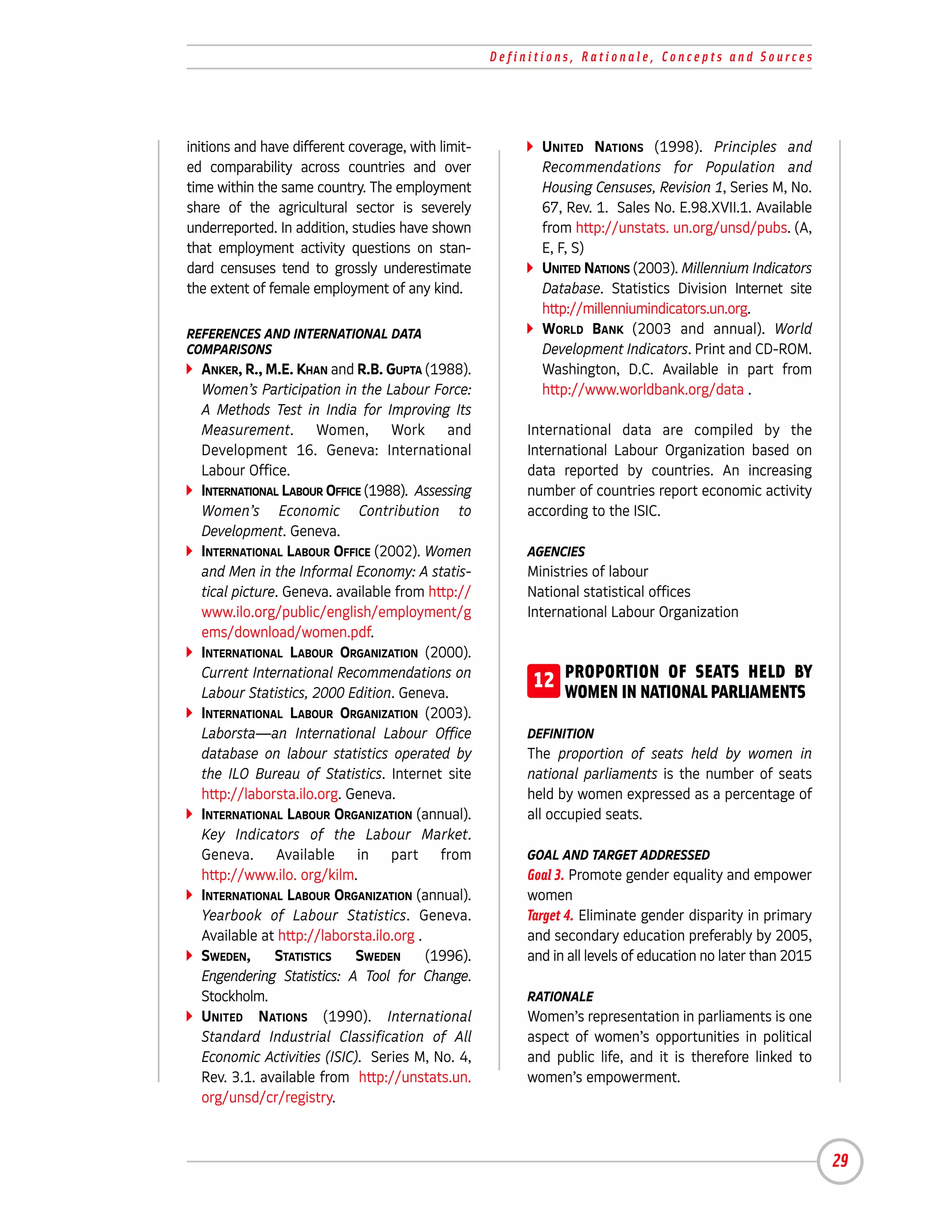 Definitions, Rationale, Concepts and Sources




initions and have different coverage, with limit-          UNITED NATIONS (1998). Principles and
ed comparability across countries and over                 Recommendations for Population and
time within the same country. The employment               Housing Censuses, Revision 1, Series M, No.
share of the agricultural sector is severely               67, Rev. 1. Sales No. E.98.XVII.1. Available
underreported. In addition, studies have shown             from http://unstats. un.org/unsd/pubs. (A,
that employment activity questions on stan-                E, F, S)
dard censuses tend to grossly underestimate                UNITED NATIONS (2003). Millennium Indicators
the extent of female employment of any kind.               Database. Statistics Division Internet site
                                                           http://millenniumindicators.un.org.
REFERENCES AND INTERNATIONAL DATA                          WORLD BANK (2003 and annual). World
COMPARISONS                                                Development Indicators. Print and CD-ROM.
  ANKER, R., M.E. KHAN and R.B. GUPTA (1988).              Washington, D.C. Available in part from
  Women’s Participation in the Labour Force:               http://www.worldbank.org/data .
  A Methods Test in India for Improving Its
  Measurement. Women, Work and                           International data are compiled by the
  Development 16. Geneva: International                  International Labour Organization based on
  Labour Office.                                         data reported by countries. An increasing
  INTERNATIONAL LABOUR OFFICE (1988). Assessing          number of countries report economic activity
  Women’s Economic Contribution to                       according to the ISIC.
  Development. Geneva.
  INTERNATIONAL LABOUR OFFICE (2002). Women              AGENCIES
  and Men in the Informal Economy: A statis-             Ministries of labour
  tical picture. Geneva. available from http://          National statistical offices
  www.ilo.org/public/english/employment/g                International Labour Organization
  ems/download/women.pdf.
  INTERNATIONAL LABOUR ORGANIZATION (2000).
  Current International Recommendations on
  Labour Statistics, 2000 Edition. Geneva.
                                                          12 PROPORTION OF SEATS HELD BY
                                                             WOMEN IN NATIONAL PARLIAMENTS
  INTERNATIONAL LABOUR ORGANIZATION (2003).
  Laborsta—an International Labour Office                DEFINITION
  database on labour statistics operated by              The proportion of seats held by women in
  the ILO Bureau of Statistics. Internet site            national parliaments is the number of seats
  http://laborsta.ilo.org. Geneva.                       held by women expressed as a percentage of
  INTERNATIONAL LABOUR ORGANIZATION (annual).            all occupied seats.
  Key Indicators of the Labour Market.
  Geneva. Available in part from                         GOAL AND TARGET ADDRESSED
  http://www.ilo. org/kilm.                              Goal 3. Promote gender equality and empower
  INTERNATIONAL LABOUR ORGANIZATION (annual).            women
  Yearbook of Labour Statistics. Geneva.                 Target 4. Eliminate gender disparity in primary
  Available at http://laborsta.ilo.org .                 and secondary education preferably by 2005,
  SWEDEN,      STATISTICS   SWEDEN       (1996).         and in all levels of education no later than 2015
  Engendering Statistics: A Tool for Change.
  Stockholm.                                             RATIONALE
  UNITED NATIONS (1990). International                   Women’s representation in parliaments is one
  Standard Industrial Classification of All              aspect of women’s opportunities in political
  Economic Activities (ISIC). Series M, No. 4,           and public life, and it is therefore linked to
  Rev. 3.1. available from http://unstats.un.            women’s empowerment.
  org/unsd/cr/registry.



                                                                                                             29
 