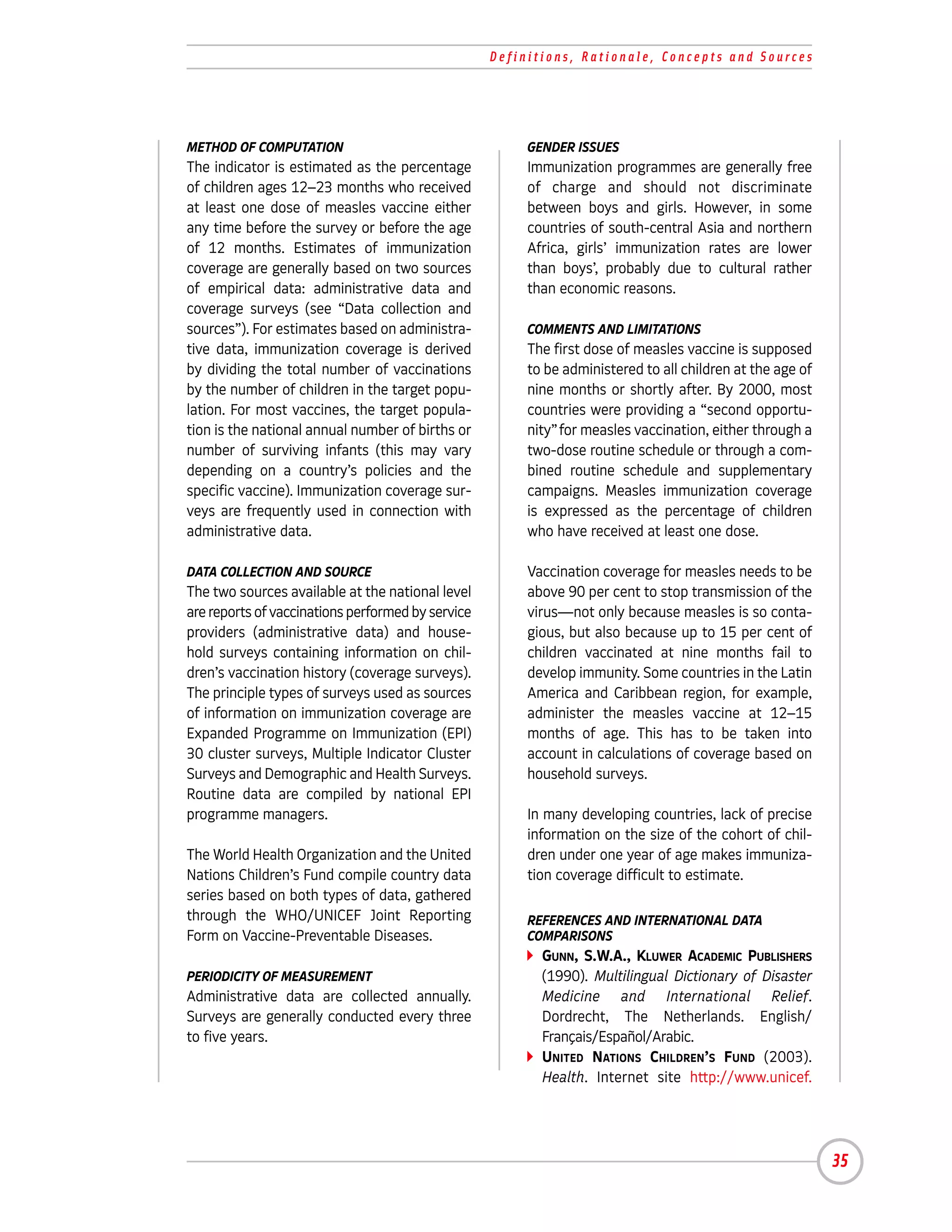 Definitions, Rationale, Concepts and Sources




METHOD OF COMPUTATION                                   GENDER ISSUES
The indicator is estimated as the percentage            Immunization programmes are generally free
of children ages 12–23 months who received              of charge and should not discriminate
at least one dose of measles vaccine either             between boys and girls. However, in some
any time before the survey or before the age            countries of south-central Asia and northern
of 12 months. Estimates of immunization                 Africa, girls’ immunization rates are lower
coverage are generally based on two sources             than boys’, probably due to cultural rather
of empirical data: administrative data and              than economic reasons.
coverage surveys (see “Data collection and
sources”). For estimates based on administra-           COMMENTS AND LIMITATIONS
tive data, immunization coverage is derived             The first dose of measles vaccine is supposed
by dividing the total number of vaccinations            to be administered to all children at the age of
by the number of children in the target popu-           nine months or shortly after. By 2000, most
lation. For most vaccines, the target popula-           countries were providing a “second opportu-
tion is the national annual number of births or         nity” for measles vaccination, either through a
number of surviving infants (this may vary              two-dose routine schedule or through a com-
depending on a country’s policies and the               bined routine schedule and supplementary
specific vaccine). Immunization coverage sur-           campaigns. Measles immunization coverage
veys are frequently used in connection with             is expressed as the percentage of children
administrative data.                                    who have received at least one dose.

DATA COLLECTION AND SOURCE                              Vaccination coverage for measles needs to be
The two sources available at the national level         above 90 per cent to stop transmission of the
are reports of vaccinations performed by service        virus—not only because measles is so conta-
providers (administrative data) and house-              gious, but also because up to 15 per cent of
hold surveys containing information on chil-            children vaccinated at nine months fail to
dren’s vaccination history (coverage surveys).          develop immunity. Some countries in the Latin
The principle types of surveys used as sources          America and Caribbean region, for example,
of information on immunization coverage are             administer the measles vaccine at 12–15
Expanded Programme on Immunization (EPI)                months of age. This has to be taken into
30 cluster surveys, Multiple Indicator Cluster          account in calculations of coverage based on
Surveys and Demographic and Health Surveys.             household surveys.
Routine data are compiled by national EPI
programme managers.                                     In many developing countries, lack of precise
                                                        information on the size of the cohort of chil-
The World Health Organization and the United            dren under one year of age makes immuniza-
Nations Children’s Fund compile country data            tion coverage difficult to estimate.
series based on both types of data, gathered
through the WHO/UNICEF Joint Reporting                  REFERENCES AND INTERNATIONAL DATA
Form on Vaccine-Preventable Diseases.                   COMPARISONS
                                                          GUNN, S.W.A., KLUWER ACADEMIC PUBLISHERS
PERIODICITY OF MEASUREMENT                                (1990). Multilingual Dictionary of Disaster
Administrative data are collected annually.               Medicine and International Relief.
Surveys are generally conducted every three               Dordrecht, The Netherlands. English/
to five years.                                            Français/Español/Arabic.
                                                          UNITED NATIONS CHILDREN’S FUND (2003).
                                                          Health. Internet site http://www.unicef.




                                                                                                           35
 