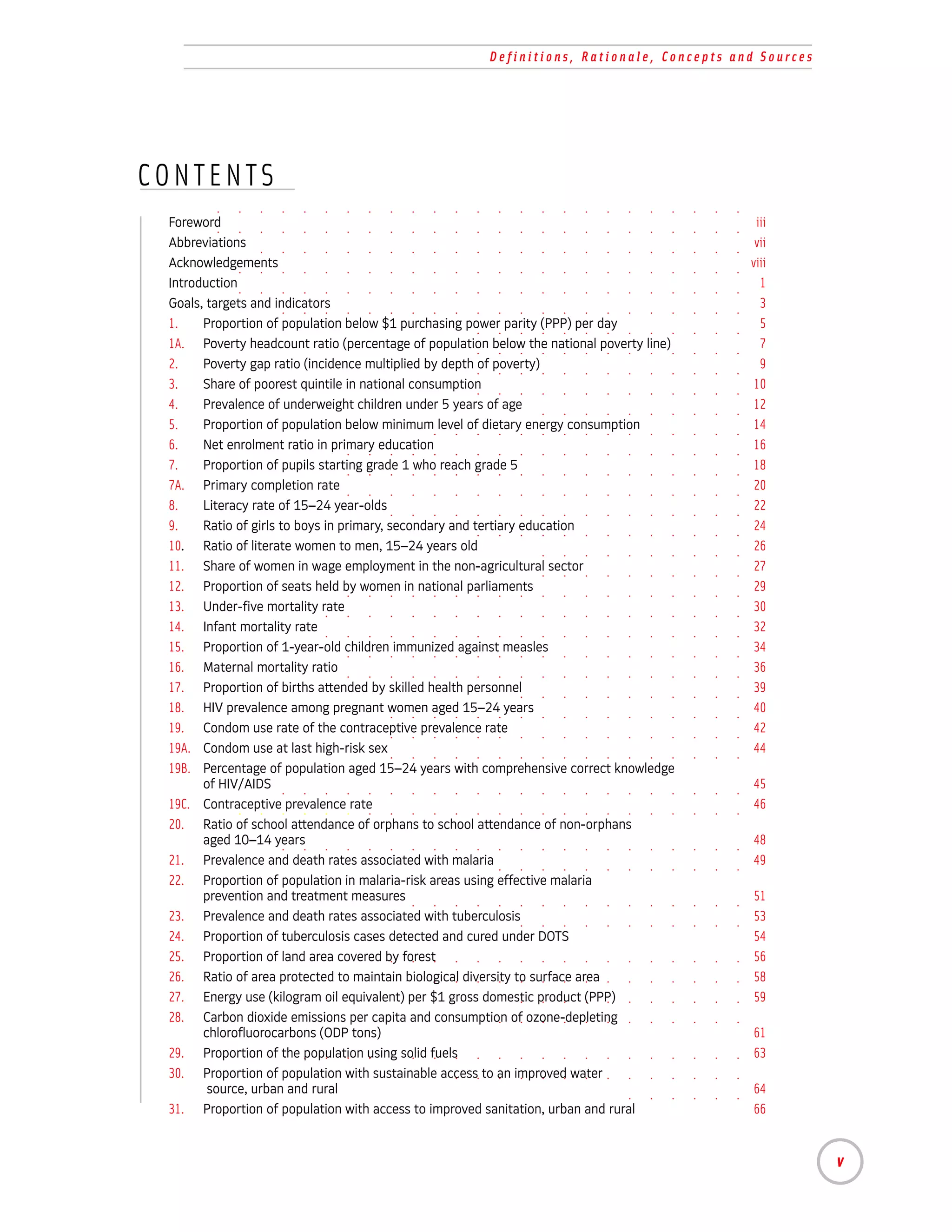 Definitions, Rationale, Concepts and Sources




CONTENTS
.   .   .   .   .   .   .   .   .   .   .   .   .   .   .   .    .   .   .   .   .   .   .   .   .   .   .   .
.
    Foreword . . . . . . . . . . . . . . . . . . . . .
     .   .    .                                                                                      .   .   .
                                                                                                                  iii
.
    Abbreviations . . . . . . . . . . . . . . . . . . . .
     .   .    .   .                                                                                  .   .   .
                                                                                                                  vii
.
    Acknowledgements . . . . . . . . . . . . . . . . . . .
     .   .    .   .   .                                                                              .   .   .
                                                                                                                 viii
.
    Introduction . . . . . . . . . . . . . . . . . . . . .
     .   .    .                                                                                      .   .   .
                                                                                                                   1
.
    Goals, targets and indicators . . . . . . . . . . . . . . . .
     .   .    .   .   .  .    .   .                                                                  .   .   .
                                                                                                                   3
.
    1. . Proportion. of population below $1 purchasing power. parity (PPP) per day . . .
     .        .   .      .    .   .  .   .   .    .   .   .  .       .   .   .   .   .               .   .   .
                                                                                                                   5
.
    1A. . Poverty headcount ratio (percentage .of population below the national poverty line) .
     .        .   .   .  .    .   .  .   .   .        .   .  .   .   .   .   .   .   .   .  .        .   .   .
                                                                                                                   7
.
    2. . Poverty gap ratio .(incidence multiplied by depth .of poverty) . . . . . . .
     .        .   .   .  .        .  .   .   .    .   .   .      .   .                               .   .   .
                                                                                                                   9
.
    3. . Share .of poorest quintile in national consumption . . . . . . . . .
     .        .       .  .    .   .  .   .   .    .   .   .  .                                       .   .   .
                                                                                                                  10
.
    4. . Prevalence of .underweight children under 5 years of. age. . . . . . . .
     .        .   .   .       .   .  .   .   .    .   .   .  .                                       .   .   .
                                                                                                                  12
.
    5. . Proportion. of population below minimum. level of. dietary. energy. consumption . .
     .        .   .      .    .   .  .   .   .    .       .      .       .       .   .   .           .   .   .
                                                                                                                  14
.
    6. . Net enrolment. ratio in. primary education. . . . . . . . . . . .
     .        .   .   .       .      .   .   .    .                                                  .   .   .
                                                                                                                  16
.
    7. . Proportion. of pupils starting grade 1 .who. reach grade 5 . . . . . . . .
     .        .   .      .    .   .  .   .   .            .  .   .                                   .   .   .
                                                                                                                  18
.
    7A. . Primary completion rate . . . . . . . . . . . . . . . .
     .        .   .   .  .    .   .                                                                  .   .   .
                                                                                                                  20
.
    8. . Literacy rate of 15–24 year-olds . . . . . . . . . . . . . .
     .        .   .   .  .    .   .  .   .                                                           .   .   .
                                                                                                                  22
.
    9. . Ratio of girls to boys in primary, secondary and tertiary education . . . . .
     .        .   .   .  .    .   .  .   .   .    .   .   .  .   .   .   .   .                       .   .   .
                                                                                                                  24
.
    10. . Ratio of literate women to men, 15–24 years. old. . . . . . . . . .
     .        .   .   .  .    .   .  .   .   .    .   .                                              .   .   .
                                                                                                                  26
.
    11. . Share .of women in wage employment in the non-agricultural. sector . . . . .
     .        .       .  .    .   .  .   .   .    .   .   .  .   .   .       .                       .   .   .
                                                                                                                  27
.
    12. . Proportion. of seats held by women in. national parliaments . . . . . . .
     .        .   .      .    .   .  .   .   .        .   .  .   .   .                               .   .   .
                                                                                                                  29
.
    13. . Under-five mortality rate . . . . . . . . . . . . . . . .
     .        .   .   .  .    .   .                                                                  .   .   .
                                                                                                                  30
.
    14. . Infant .mortality rate . . . . . . . . . . . . . . . . .
     .        .       .  .    .                                                                      .   .   .
                                                                                                                  32
.
    15. . Proportion. of 1-year-old children .immunized .against. measles . . . . . .
     .        .   .      .    .   .  .   .        .   .      .       .   .                           .   .   .
                                                                                                                  34
.
    16. . Maternal mortality ratio . . . . . . . . . . . . . . . .
     .        .   .   .  .    .   .                                                                  .   .   .
                                                                                                                  36
.
    17. . Proportion. of births attended. by skilled health personnel. . . . . . . .
     .        .   .      .    .   .  .       .    .   .   .  .   .                                   .   .   .
                                                                                                                  39
.
    18. . HIV prevalence among pregnant women aged 15–24. years . . . . . . .
     .        .   .   .  .    .   .  .   .   .    .   .   .  .       .                               .   .   .
                                                                                                                  40
.
    19. . Condom use rate of the contraceptive prevalence rate . . . . . . . .
     .        .   .   .  .    .   .  .   .   .    .   .   .  .   .                                   .   .   .
                                                                                                                  42
    19A. Condom use at last high-risk sex . . . . . . . . . . . . . .                                .   .   .
                                                                                                                  44
    19B. Percentage of population aged 15–24 years with comprehensive correct knowledge
.    .   .
           of .HIV/AIDS . . . . . . . . . . . . . . . . . . .
                  .   .                                                                              .   .   .
                                                                                                                 45
.
    19C. . Contraceptive. prevalence .rate . . . . . . . . . . . . . .
     .        .   .   .       .   .      .                                                           .   .   .
                                                                                                                 46
    20. Ratio of school attendance of orphans to school attendance of non-orphans
.    .   .
           aged 10–14 years. . . . . . . . . . . . . . . . . .
              .   .   .  .                                                                           .   .   .
                                                                                                                 48
.
    21. . Prevalence and death. rates associated with malaria . . . . . . . . .
     .        .   .   .  .    .      .   .   .    .   .   .  .                                       .   .   .
                                                                                                                 49
    22. Proportion of population in malaria-risk areas using effective malaria
.    .   .
           prevention and treatment. measures . . . . . . . . . . . . .
              .   .   .  .    .   .      .   .                                                       .   .   .
                                                                                                                 51
.
    23. . Prevalence and death. rates associated with tuberculosis. . . . . . . .
     .        .   .   .  .    .      .   .   .    .   .   .  .   .                                   .   .   .
                                                                                                                 53
    24. Proportion of tuberculosis cases detected and cured under DOTS                                           54
.   25. . Proportion. of land. area covered by forest. . . . . . . . . . . .
     .        .   .      .        .  .   .   .    .                                                  .   .   .   56
.   26. . Ratio of area protected to. maintain biological diversity to surface area . . . .
     .        .   .   .  .    .   .      .   .    .   .   .  .   .   .   .   .   .                   .   .   .   58
.   27. . Energy use (kilogram oil equivalent) per $1 gross. domestic product (PPP) . . .
     .        .   .   .  .    .   .  .   .   .    .   .   .      .   .   .   .   .   .               .   .   .   59
.   28. . Carbon dioxide emissions .per. capita and .consumption of. ozone-depleting . . .
     .        .   .   .  .    .   .          .    .       .  .   .       .   .   .   .               .   .   .
           chlorofluorocarbons (ODP tons)                                                                        61
.   29. . Proportion. of the population using solid fuels. . . . . . . . . . .
     .        .   .      .    .   .  .   .   .    .   .                                              .   .   .   63
.   30. . Proportion. of population with. sustainable access. to an improved water . . . .
     .        .   .      .    .   .  .       .    .   .   .      .   .   .   .   .                   .   .   .
            source, urban and rural                                                      .  . .      .   .   .
                                                                                                                 64
.   31. . Proportion. of population with. access .to improved sanitation,. urban and .rural . .
     .        .   .      .    .   .  .       .        .   .  .   .   .       .   .       .           .   .   .   66
                    .   .   .   .   .   .   .   .   .   .   .    .   .   .   .   .   .   .   .   .   .   .   .

                                                                                                                        v
 