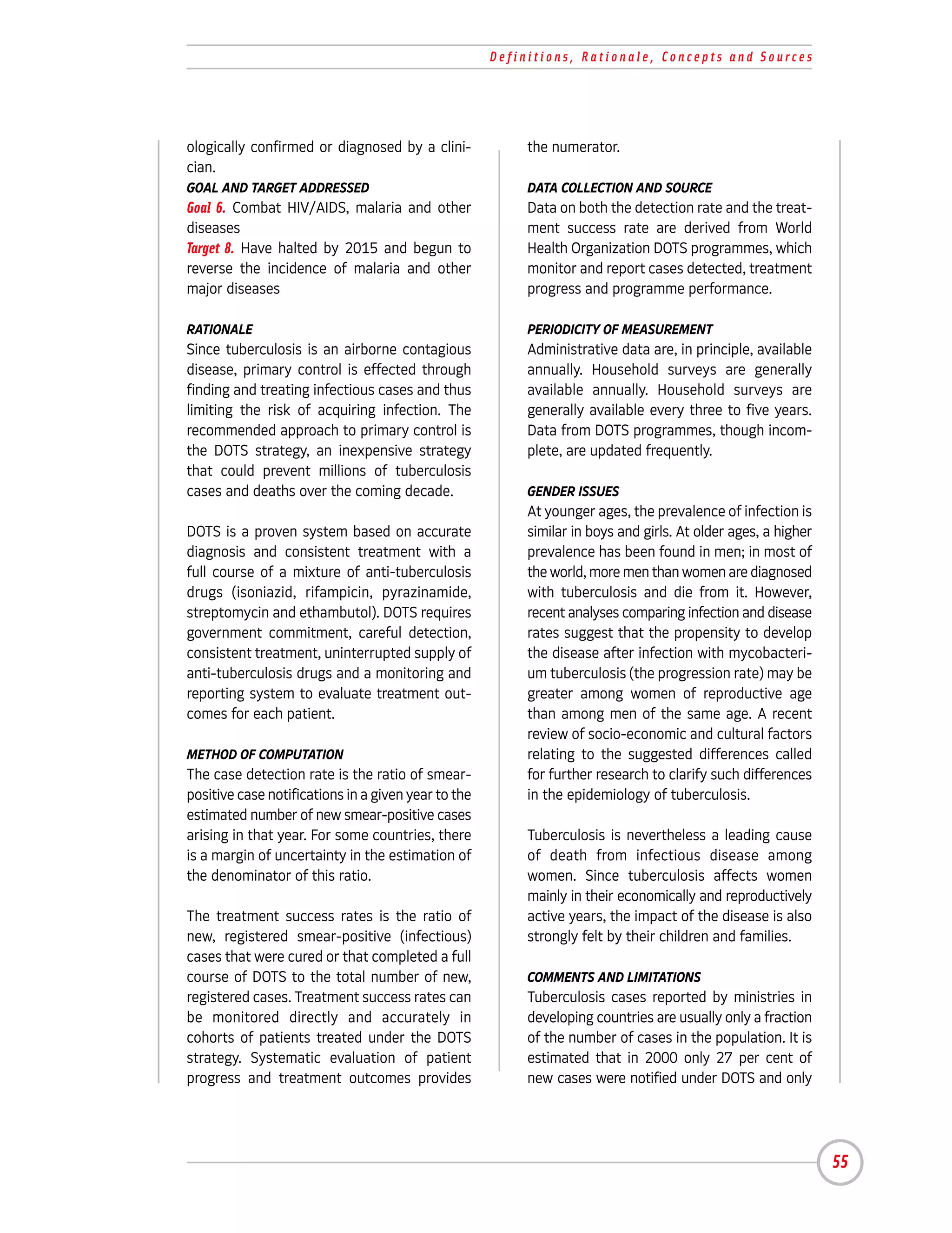 Definitions, Rationale, Concepts and Sources




ologically confirmed or diagnosed by a clini-             the numerator.
cian.
GOAL AND TARGET ADDRESSED                                 DATA COLLECTION AND SOURCE
Goal 6. Combat HIV/AIDS, malaria and other                Data on both the detection rate and the treat-
diseases                                                  ment success rate are derived from World
Target 8. Have halted by 2015 and begun to                Health Organization DOTS programmes, which
reverse the incidence of malaria and other                monitor and report cases detected, treatment
major diseases                                            progress and programme performance.

RATIONALE                                                 PERIODICITY OF MEASUREMENT
Since tuberculosis is an airborne contagious              Administrative data are, in principle, available
disease, primary control is effected through              annually. Household surveys are generally
finding and treating infectious cases and thus            available annually. Household surveys are
limiting the risk of acquiring infection. The             generally available every three to five years.
recommended approach to primary control is                Data from DOTS programmes, though incom-
the DOTS strategy, an inexpensive strategy                plete, are updated frequently.
that could prevent millions of tuberculosis
cases and deaths over the coming decade.                  GENDER ISSUES
                                                          At younger ages, the prevalence of infection is
DOTS is a proven system based on accurate                 similar in boys and girls. At older ages, a higher
diagnosis and consistent treatment with a                 prevalence has been found in men; in most of
full course of a mixture of anti-tuberculosis             the world, more men than women are diagnosed
drugs (isoniazid, rifampicin, pyrazinamide,               with tuberculosis and die from it. However,
streptomycin and ethambutol). DOTS requires               recent analyses comparing infection and disease
government commitment, careful detection,                 rates suggest that the propensity to develop
consistent treatment, uninterrupted supply of             the disease after infection with mycobacteri-
anti-tuberculosis drugs and a monitoring and              um tuberculosis (the progression rate) may be
reporting system to evaluate treatment out-               greater among women of reproductive age
comes for each patient.                                   than among men of the same age. A recent
                                                          review of socio-economic and cultural factors
METHOD OF COMPUTATION                                     relating to the suggested differences called
The case detection rate is the ratio of smear-            for further research to clarify such differences
positive case notifications in a given year to the        in the epidemiology of tuberculosis.
estimated number of new smear-positive cases
arising in that year. For some countries, there           Tuberculosis is nevertheless a leading cause
is a margin of uncertainty in the estimation of           of death from infectious disease among
the denominator of this ratio.                            women. Since tuberculosis affects women
                                                          mainly in their economically and reproductively
The treatment success rates is the ratio of               active years, the impact of the disease is also
new, registered smear-positive (infectious)               strongly felt by their children and families.
cases that were cured or that completed a full
course of DOTS to the total number of new,                COMMENTS AND LIMITATIONS
registered cases. Treatment success rates can             Tuberculosis cases reported by ministries in
be monitored directly and accurately in                   developing countries are usually only a fraction
cohorts of patients treated under the DOTS                of the number of cases in the population. It is
strategy. Systematic evaluation of patient                estimated that in 2000 only 27 per cent of
progress and treatment outcomes provides                  new cases were notified under DOTS and only




                                                                                                               55
 