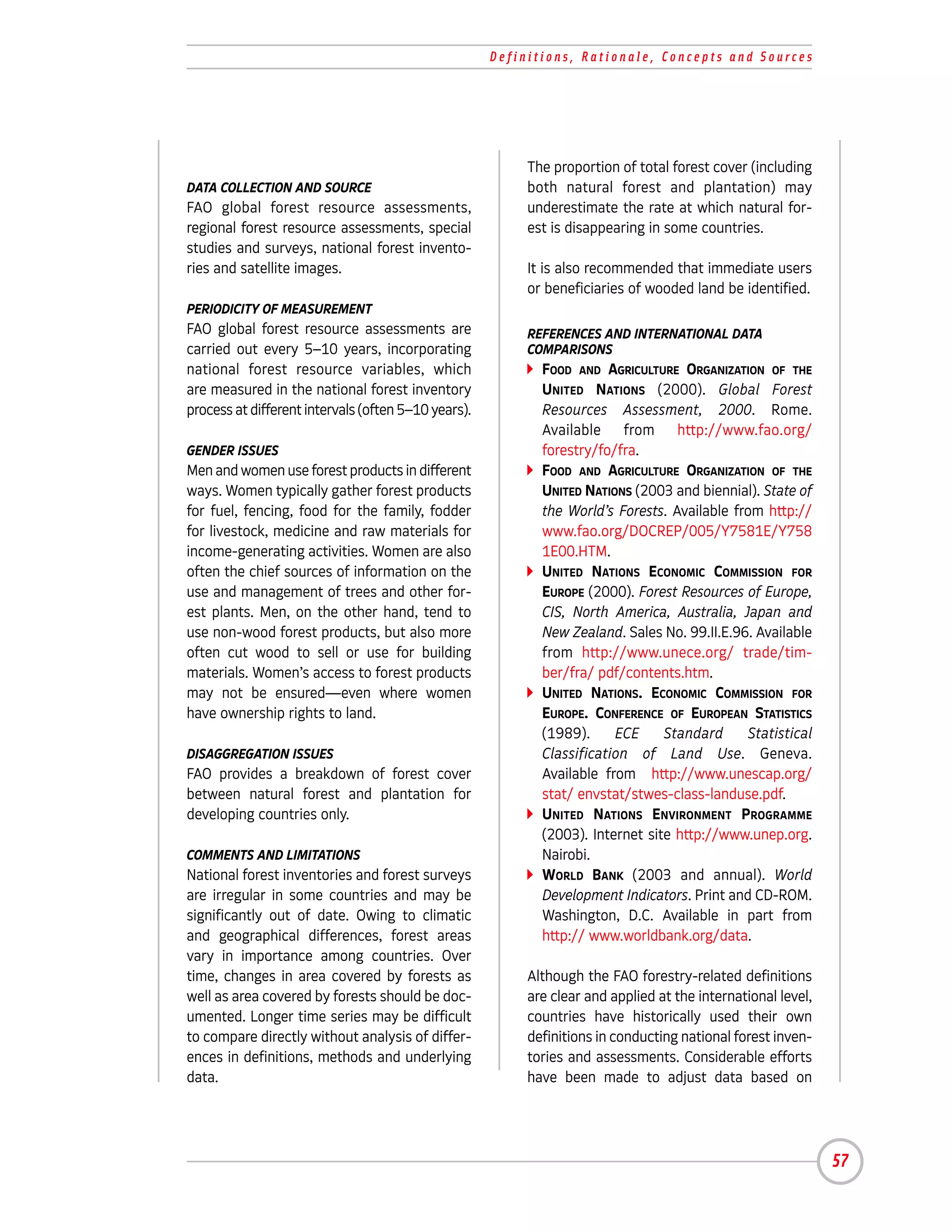 Definitions, Rationale, Concepts and Sources




                                                          The proportion of total forest cover (including
DATA COLLECTION AND SOURCE                                both natural forest and plantation) may
FAO global forest resource assessments,                   underestimate the rate at which natural for-
regional forest resource assessments, special             est is disappearing in some countries.
studies and surveys, national forest invento-
ries and satellite images.                                It is also recommended that immediate users
                                                          or beneficiaries of wooded land be identified.
PERIODICITY OF MEASUREMENT
FAO global forest resource assessments are                REFERENCES AND INTERNATIONAL DATA
carried out every 5–10 years, incorporating               COMPARISONS
national forest resource variables, which                   FOOD AND AGRICULTURE ORGANIZATION OF THE
are measured in the national forest inventory               UNITED NATIONS (2000). Global Forest
process at different intervals (often 5–10 years).          Resources Assessment, 2000. Rome.
                                                            Available from http://www.fao.org/
GENDER ISSUES                                               forestry/fo/fra.
Men and women use forest products in different              FOOD AND AGRICULTURE ORGANIZATION OF THE
ways. Women typically gather forest products                UNITED NATIONS (2003 and biennial). State of
for fuel, fencing, food for the family, fodder              the World’s Forests. Available from http://
for livestock, medicine and raw materials for               www.fao.org/DOCREP/005/Y7581E/Y758
income-generating activities. Women are also                1E00.HTM.
often the chief sources of information on the               UNITED NATIONS ECONOMIC COMMISSION FOR
use and management of trees and other for-                  EUROPE (2000). Forest Resources of Europe,
est plants. Men, on the other hand, tend to                 CIS, North America, Australia, Japan and
use non-wood forest products, but also more                 New Zealand. Sales No. 99.II.E.96. Available
often cut wood to sell or use for building                  from http://www.unece.org/ trade/tim-
materials. Women’s access to forest products                ber/fra/ pdf/contents.htm.
may not be ensured—even where women                         UNITED NATIONS. ECONOMIC COMMISSION FOR
have ownership rights to land.                              EUROPE. CONFERENCE OF EUROPEAN STATISTICS
                                                            (1989).     ECE     Standard     Statistical
DISAGGREGATION ISSUES                                       Classification of Land Use. Geneva.
FAO provides a breakdown of forest cover                    Available from http://www.unescap.org/
between natural forest and plantation for                   stat/ envstat/stwes-class-landuse.pdf.
developing countries only.                                  UNITED NATIONS ENVIRONMENT PROGRAMME
                                                            (2003). Internet site http://www.unep.org.
COMMENTS AND LIMITATIONS                                    Nairobi.
National forest inventories and forest surveys              WORLD BANK (2003 and annual). World
are irregular in some countries and may be                  Development Indicators. Print and CD-ROM.
significantly out of date. Owing to climatic                Washington, D.C. Available in part from
and geographical differences, forest areas                  http:// www.worldbank.org/data.
vary in importance among countries. Over
time, changes in area covered by forests as               Although the FAO forestry-related definitions
well as area covered by forests should be doc-            are clear and applied at the international level,
umented. Longer time series may be difficult              countries have historically used their own
to compare directly without analysis of differ-           definitions in conducting national forest inven-
ences in definitions, methods and underlying              tories and assessments. Considerable efforts
data.                                                     have been made to adjust data based on




                                                                                                              57
 