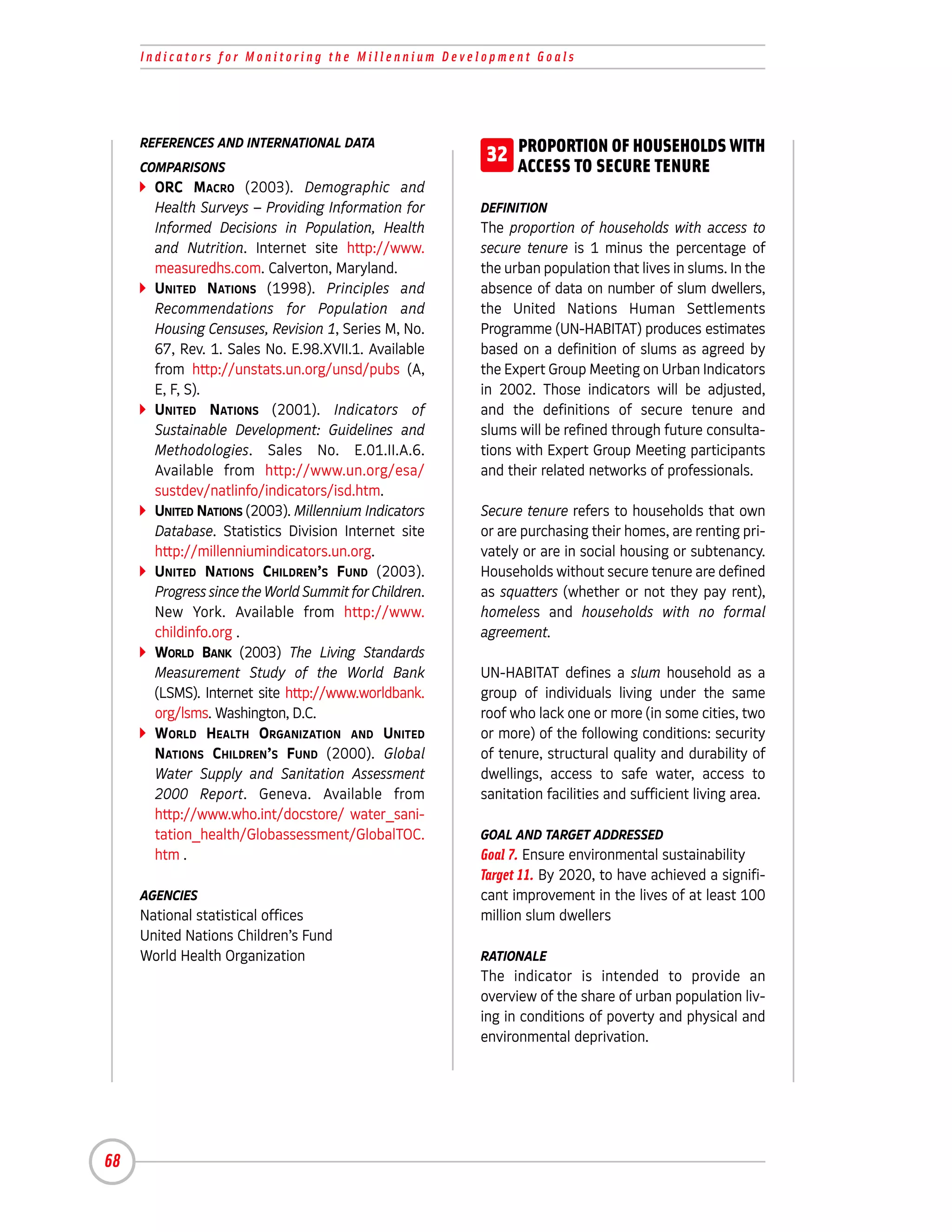 Indicators for Monitoring the Millennium Development Goals




     REFERENCES AND INTERNATIONAL DATA
     COMPARISONS
                                                        32 PROPORTION OF HOUSEHOLDS WITH
                                                           ACCESS TO SECURE TENURE
       ORC MACRO (2003). Demographic and
       Health Surveys – Providing Information for      DEFINITION
       Informed Decisions in Population, Health        The proportion of households with access to
       and Nutrition. Internet site http://www.        secure tenure is 1 minus the percentage of
       measuredhs.com. Calverton, Maryland.            the urban population that lives in slums. In the
       UNITED NATIONS (1998). Principles and           absence of data on number of slum dwellers,
       Recommendations for Population and              the United Nations Human Settlements
       Housing Censuses, Revision 1, Series M, No.     Programme (UN-HABITAT) produces estimates
       67, Rev. 1. Sales No. E.98.XVII.1. Available    based on a definition of slums as agreed by
       from http://unstats.un.org/unsd/pubs (A,        the Expert Group Meeting on Urban Indicators
       E, F, S).                                       in 2002. Those indicators will be adjusted,
       UNITED NATIONS (2001). Indicators of            and the definitions of secure tenure and
       Sustainable Development: Guidelines and         slums will be refined through future consulta-
       Methodologies. Sales No. E.01.II.A.6.           tions with Expert Group Meeting participants
       Available from http://www.un.org/esa/           and their related networks of professionals.
       sustdev/natlinfo/indicators/isd.htm.
       UNITED NATIONS (2003). Millennium Indicators    Secure tenure refers to households that own
       Database. Statistics Division Internet site     or are purchasing their homes, are renting pri-
       http://millenniumindicators.un.org.             vately or are in social housing or subtenancy.
       UNITED NATIONS CHILDREN’S FUND (2003).          Households without secure tenure are defined
       Progress since the World Summit for Children.   as squatters (whether or not they pay rent),
       New York. Available from http://www.            homeless and households with no formal
       childinfo.org .                                 agreement.
       WORLD BANK (2003) The Living Standards
       Measurement Study of the World Bank             UN-HABITAT defines a slum household as a
       (LSMS). Internet site http://www.worldbank.     group of individuals living under the same
       org/lsms. Washington, D.C.                      roof who lack one or more (in some cities, two
       WORLD HEALTH ORGANIZATION AND UNITED            or more) of the following conditions: security
       NATIONS CHILDREN’S FUND (2000). Global          of tenure, structural quality and durability of
       Water Supply and Sanitation Assessment          dwellings, access to safe water, access to
       2000 Report. Geneva. Available from             sanitation facilities and sufficient living area.
       http://www.who.int/docstore/ water_sani-
       tation_health/Globassessment/GlobalTOC.         GOAL AND TARGET ADDRESSED
       htm .                                           Goal 7. Ensure environmental sustainability
                                                       Target 11. By 2020, to have achieved a signifi-
     AGENCIES                                          cant improvement in the lives of at least 100
     National statistical offices                      million slum dwellers
     United Nations Children’s Fund
     World Health Organization                         RATIONALE
                                                       The indicator is intended to provide an
                                                       overview of the share of urban population liv-
                                                       ing in conditions of poverty and physical and
                                                       environmental deprivation.




68
 