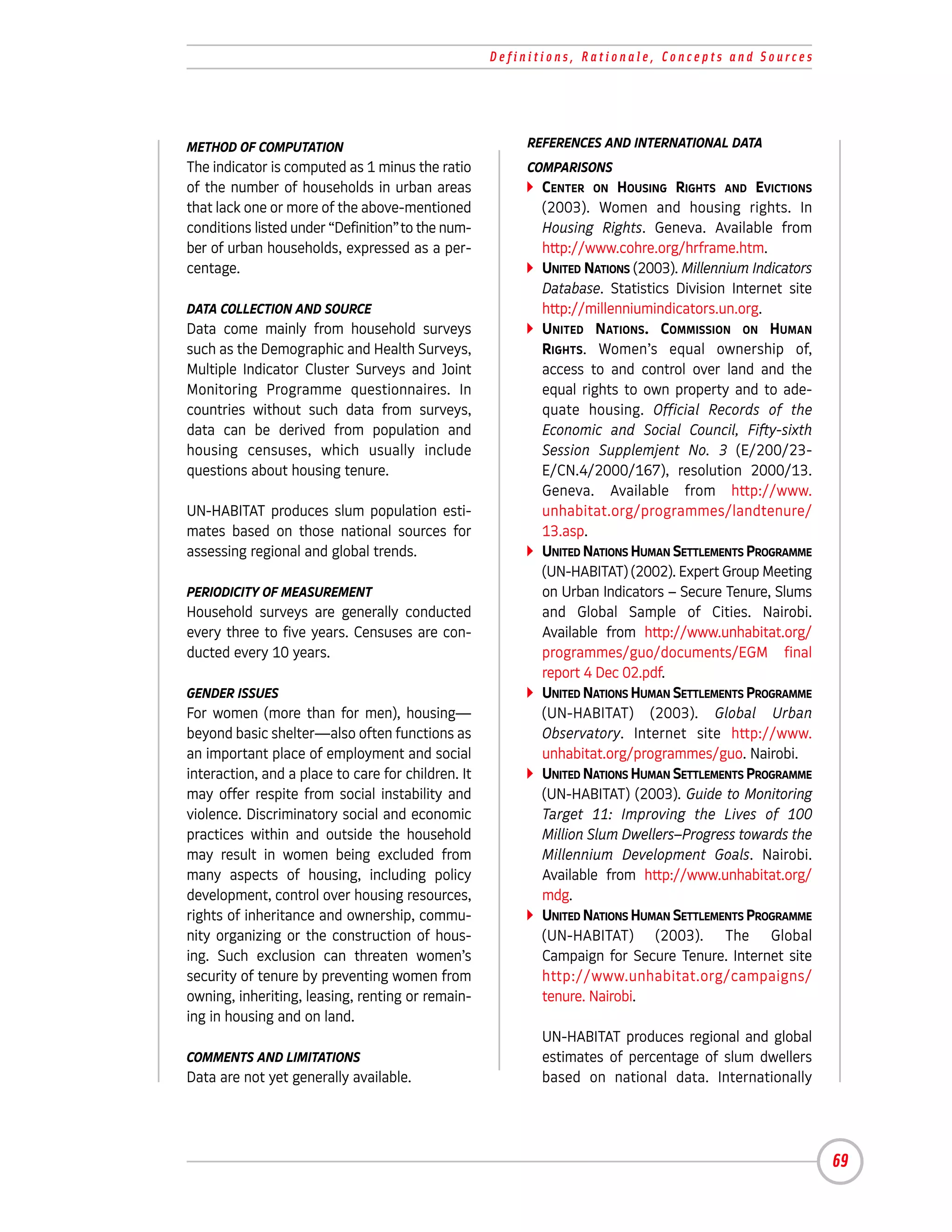 Definitions, Rationale, Concepts and Sources




METHOD OF COMPUTATION                                    REFERENCES AND INTERNATIONAL DATA
The indicator is computed as 1 minus the ratio           COMPARISONS
of the number of households in urban areas                 CENTER ON HOUSING RIGHTS AND EVICTIONS
that lack one or more of the above-mentioned               (2003). Women and housing rights. In
conditions listed under “Definition”to the num-            Housing Rights. Geneva. Available from
ber of urban households, expressed as a per-               http://www.cohre.org/hrframe.htm.
centage.                                                   UNITED NATIONS (2003). Millennium Indicators
                                                           Database. Statistics Division Internet site
DATA COLLECTION AND SOURCE                                 http://millenniumindicators.un.org.
Data come mainly from household surveys                    UNITED NATIONS. COMMISSION ON HUMAN
such as the Demographic and Health Surveys,                RIGHTS. Women’s equal ownership of,
Multiple Indicator Cluster Surveys and Joint               access to and control over land and the
Monitoring Programme questionnaires. In                    equal rights to own property and to ade-
countries without such data from surveys,                  quate housing. Official Records of the
data can be derived from population and                    Economic and Social Council, Fifty-sixth
housing censuses, which usually include                    Session Supplemjent No. 3 (E/200/23-
questions about housing tenure.                            E/CN.4/2000/167), resolution 2000/13.
                                                           Geneva. Available from http://www.
UN-HABITAT produces slum population esti-                  unhabitat.org/programmes/landtenure/
mates based on those national sources for                  13.asp.
assessing regional and global trends.                      UNITED NATIONS HUMAN SETTLEMENTS PROGRAMME
                                                           (UN-HABITAT) (2002). Expert Group Meeting
PERIODICITY OF MEASUREMENT                                 on Urban Indicators – Secure Tenure, Slums
Household surveys are generally conducted                  and Global Sample of Cities. Nairobi.
every three to five years. Censuses are con-               Available from http://www.unhabitat.org/
ducted every 10 years.                                     programmes/guo/documents/EGM final
                                                           report 4 Dec 02.pdf.
GENDER ISSUES                                              UNITED NATIONS HUMAN SETTLEMENTS PROGRAMME
For women (more than for men), housing—                    (UN-HABITAT) (2003). Global Urban
beyond basic shelter—also often functions as               Observatory. Internet site http://www.
an important place of employment and social                unhabitat.org/programmes/guo. Nairobi.
interaction, and a place to care for children. It          UNITED NATIONS HUMAN SETTLEMENTS PROGRAMME
may offer respite from social instability and              (UN-HABITAT) (2003). Guide to Monitoring
violence. Discriminatory social and economic               Target 11: Improving the Lives of 100
practices within and outside the household                 Million Slum Dwellers–Progress towards the
may result in women being excluded from                    Millennium Development Goals. Nairobi.
many aspects of housing, including policy                  Available from http://www.unhabitat.org/
development, control over housing resources,               mdg.
rights of inheritance and ownership, commu-                UNITED NATIONS HUMAN SETTLEMENTS PROGRAMME
nity organizing or the construction of hous-               (UN-HABITAT) (2003). The Global
ing. Such exclusion can threaten women’s                   Campaign for Secure Tenure. Internet site
security of tenure by preventing women from                http://www.unhabitat.org/campaigns/
owning, inheriting, leasing, renting or remain-            tenure. Nairobi.
ing in housing and on land.
                                                           UN-HABITAT produces regional and global
COMMENTS AND LIMITATIONS                                   estimates of percentage of slum dwellers
Data are not yet generally available.                      based on national data. Internationally




                                                                                                          69
 