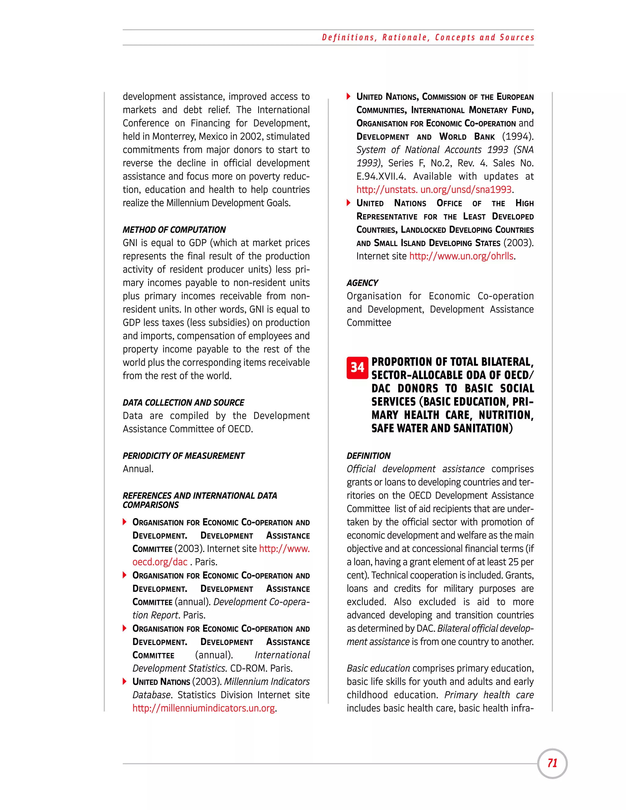 Definitions, Rationale, Concepts and Sources




development assistance, improved access to               UNITED NATIONS, COMMISSION OF THE EUROPEAN
markets and debt relief. The International               COMMUNITIES, INTERNATIONAL MONETARY FUND,
Conference on Financing for Development,                 ORGANISATION FOR ECONOMIC CO-OPERATION and
held in Monterrey, Mexico in 2002, stimulated            DEVELOPMENT AND WORLD BANK (1994).
commitments from major donors to start to                System of National Accounts 1993 (SNA
reverse the decline in official development              1993), Series F, No.2, Rev. 4. Sales No.
assistance and focus more on poverty reduc-              E.94.XVII.4. Available with updates at
tion, education and health to help countries             http://unstats. un.org/unsd/sna1993.
realize the Millennium Development Goals.                UNITED NATIONS OFFICE OF THE HIGH
                                                         REPRESENTATIVE FOR THE LEAST DEVELOPED
METHOD OF COMPUTATION                                    COUNTRIES, LANDLOCKED DEVELOPING COUNTRIES
GNI is equal to GDP (which at market prices              AND SMALL ISLAND DEVELOPING STATES (2003).
represents the final result of the production            Internet site http://www.un.org/ohrlls.
activity of resident producer units) less pri-
mary incomes payable to non-resident units             AGENCY
plus primary incomes receivable from non-              Organisation for Economic Co-operation
resident units. In other words, GNI is equal to        and Development, Development Assistance
GDP less taxes (less subsidies) on production          Committee
and imports, compensation of employees and
property income payable to the rest of the
world plus the corresponding items receivable
from the rest of the world.
                                                        34 PROPORTION OF TOTAL BILATERAL,
                                                           SECTOR-ALLOCABLE ODA OF OECD/
                                                             DAC DONORS TO BASIC SOCIAL
DATA COLLECTION AND SOURCE                                   SERVICES (BASIC EDUCATION, PRI-
Data are compiled by the Development                         MARY HEALTH CARE, NUTRITION,
Assistance Committee of OECD.                                SAFE WATER AND SANITATION)

PERIODICITY OF MEASUREMENT                             DEFINITION
Annual.                                                Official development assistance comprises
                                                       grants or loans to developing countries and ter-
REFERENCES AND INTERNATIONAL DATA                      ritories on the OECD Development Assistance
COMPARISONS                                            Committee list of aid recipients that are under-
  ORGANISATION FOR ECONOMIC CO-OPERATION AND           taken by the official sector with promotion of
  DEVELOPMENT. DEVELOPMENT ASSISTANCE                  economic development and welfare as the main
  COMMITTEE (2003). Internet site http://www.          objective and at concessional financial terms (if
  oecd.org/dac . Paris.                                a loan, having a grant element of at least 25 per
  ORGANISATION FOR ECONOMIC CO-OPERATION AND           cent). Technical cooperation is included. Grants,
  DEVELOPMENT. DEVELOPMENT ASSISTANCE                  loans and credits for military purposes are
  COMMITTEE (annual). Development Co-opera-            excluded. Also excluded is aid to more
  tion Report. Paris.                                  advanced developing and transition countries
  ORGANISATION FOR ECONOMIC CO-OPERATION AND           as determined by DAC. Bilateral official develop-
  DEVELOPMENT. DEVELOPMENT ASSISTANCE                  ment assistance is from one country to another.
  COMMITTEE       (annual).      International
  Development Statistics. CD-ROM. Paris.               Basic education comprises primary education,
  UNITED NATIONS (2003). Millennium Indicators         basic life skills for youth and adults and early
  Database. Statistics Division Internet site          childhood education. Primary health care
  http://millenniumindicators.un.org.                  includes basic health care, basic health infra-




                                                                                                           71
 