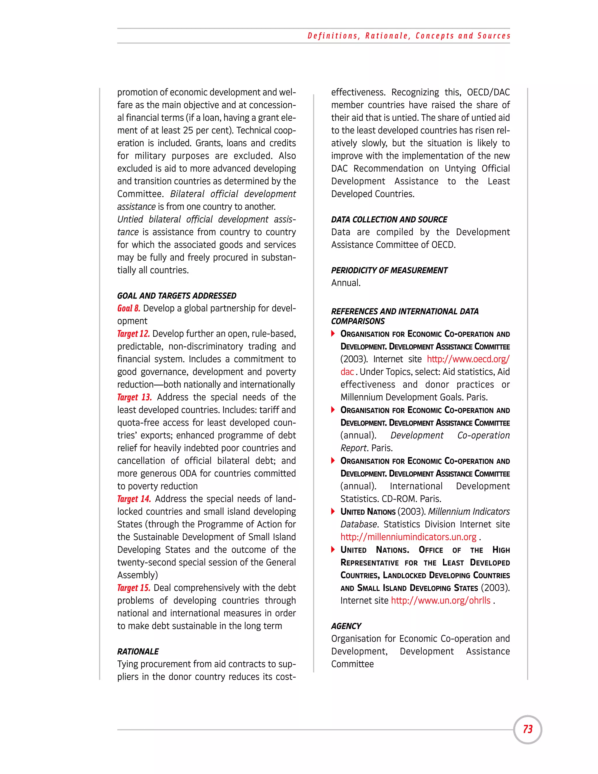Definitions, Rationale, Concepts and Sources




promotion of economic development and wel-                effectiveness. Recognizing this, OECD/DAC
fare as the main objective and at concession-             member countries have raised the share of
al financial terms (if a loan, having a grant ele-        their aid that is untied. The share of untied aid
ment of at least 25 per cent). Technical coop-            to the least developed countries has risen rel-
eration is included. Grants, loans and credits            atively slowly, but the situation is likely to
for military purposes are excluded. Also                  improve with the implementation of the new
excluded is aid to more advanced developing               DAC Recommendation on Untying Official
and transition countries as determined by the             Development Assistance to the Least
Committee. Bilateral official development                 Developed Countries.
assistance is from one country to another.
Untied bilateral official development assis-              DATA COLLECTION AND SOURCE
tance is assistance from country to country               Data are compiled by the Development
for which the associated goods and services               Assistance Committee of OECD.
may be fully and freely procured in substan-
tially all countries.                                     PERIODICITY OF MEASUREMENT
                                                          Annual.
GOAL AND TARGETS ADDRESSED
Goal 8. Develop a global partnership for devel-           REFERENCES AND INTERNATIONAL DATA
opment                                                    COMPARISONS
Target 12. Develop further an open, rule-based,             ORGANISATION FOR ECONOMIC CO-OPERATION AND
predictable, non-discriminatory trading and                 DEVELOPMENT. DEVELOPMENT ASSISTANCE COMMITTEE
financial system. Includes a commitment to                  (2003). Internet site http://www.oecd.org/
good governance, development and poverty                    dac . Under Topics, select: Aid statistics, Aid
reduction—both nationally and internationally               effectiveness and donor practices or
Target 13. Address the special needs of the                 Millennium Development Goals. Paris.
least developed countries. Includes: tariff and             ORGANISATION FOR ECONOMIC CO-OPERATION AND
quota-free access for least developed coun-                 DEVELOPMENT. DEVELOPMENT ASSISTANCE COMMITTEE
tries’ exports; enhanced programme of debt                  (annual). Development Co-operation
relief for heavily indebted poor countries and              Report. Paris.
cancellation of official bilateral debt; and                ORGANISATION FOR ECONOMIC CO-OPERATION AND
more generous ODA for countries committed                   DEVELOPMENT. DEVELOPMENT ASSISTANCE COMMITTEE
to poverty reduction                                        (annual). International Development
Target 14. Address the special needs of land-               Statistics. CD-ROM. Paris.
locked countries and small island developing                UNITED NATIONS (2003). Millennium Indicators
States (through the Programme of Action for                 Database. Statistics Division Internet site
the Sustainable Development of Small Island                 http://millenniumindicators.un.org .
Developing States and the outcome of the                    UNITED NATIONS. OFFICE OF THE HIGH
twenty-second special session of the General                REPRESENTATIVE FOR THE LEAST DEVELOPED
Assembly)                                                   COUNTRIES, LANDLOCKED DEVELOPING COUNTRIES
Target 15. Deal comprehensively with the debt               AND SMALL ISLAND DEVELOPING STATES (2003).
problems of developing countries through                    Internet site http://www.un.org/ohrlls .
national and international measures in order
to make debt sustainable in the long term                 AGENCY
                                                          Organisation for Economic Co-operation and
RATIONALE                                                 Development, Development Assistance
Tying procurement from aid contracts to sup-              Committee
pliers in the donor country reduces its cost-




                                                                                                              73
 