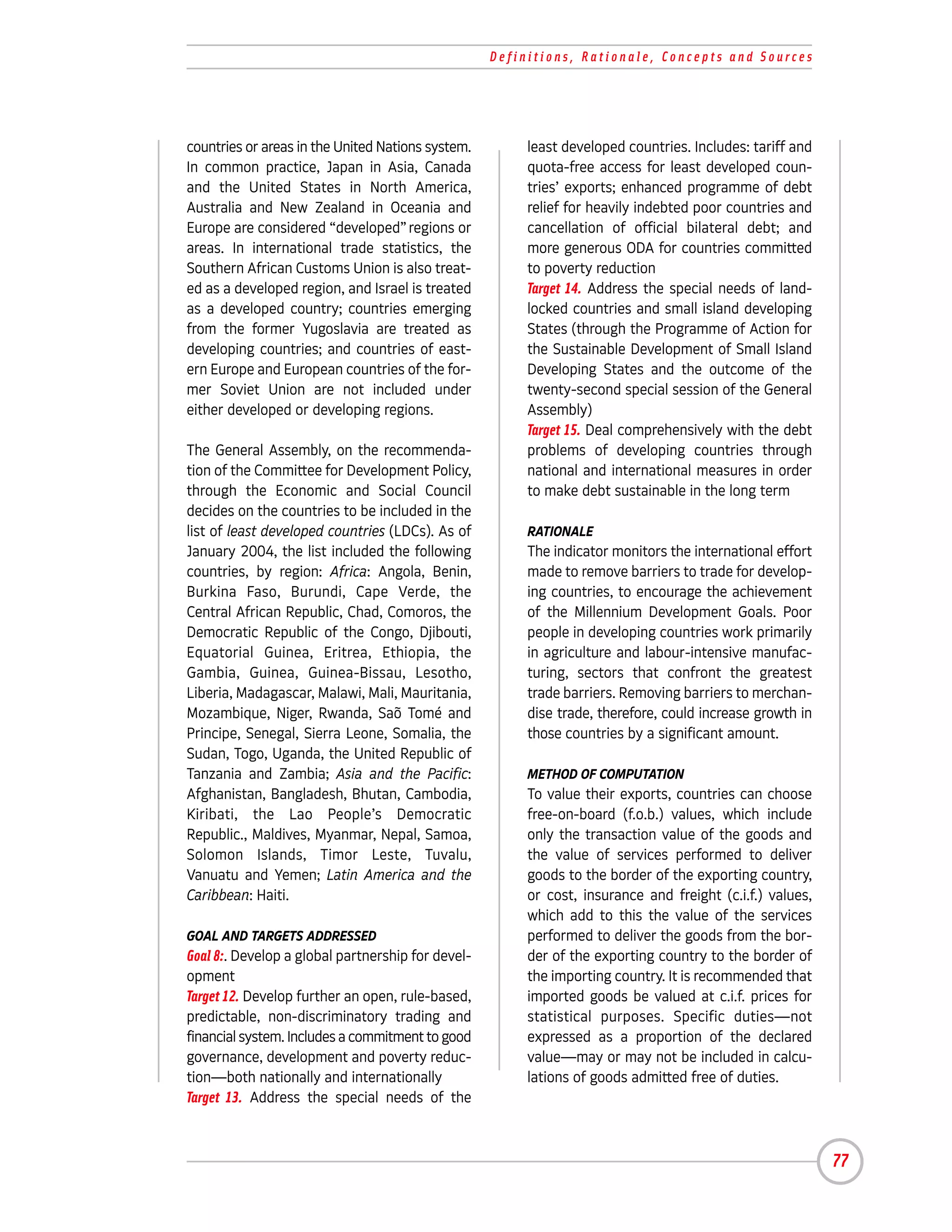 Definitions, Rationale, Concepts and Sources




countries or areas in the United Nations system.        least developed countries. Includes: tariff and
In common practice, Japan in Asia, Canada               quota-free access for least developed coun-
and the United States in North America,                 tries’ exports; enhanced programme of debt
Australia and New Zealand in Oceania and                relief for heavily indebted poor countries and
Europe are considered “developed” regions or            cancellation of official bilateral debt; and
areas. In international trade statistics, the           more generous ODA for countries committed
Southern African Customs Union is also treat-           to poverty reduction
ed as a developed region, and Israel is treated         Target 14. Address the special needs of land-
as a developed country; countries emerging              locked countries and small island developing
from the former Yugoslavia are treated as               States (through the Programme of Action for
developing countries; and countries of east-            the Sustainable Development of Small Island
ern Europe and European countries of the for-           Developing States and the outcome of the
mer Soviet Union are not included under                 twenty-second special session of the General
either developed or developing regions.                 Assembly)
                                                        Target 15. Deal comprehensively with the debt
The General Assembly, on the recommenda-                problems of developing countries through
tion of the Committee for Development Policy,           national and international measures in order
through the Economic and Social Council                 to make debt sustainable in the long term
decides on the countries to be included in the
list of least developed countries (LDCs). As of         RATIONALE
January 2004, the list included the following           The indicator monitors the international effort
countries, by region: Africa: Angola, Benin,            made to remove barriers to trade for develop-
Burkina Faso, Burundi, Cape Verde, the                  ing countries, to encourage the achievement
Central African Republic, Chad, Comoros, the            of the Millennium Development Goals. Poor
Democratic Republic of the Congo, Djibouti,             people in developing countries work primarily
Equatorial Guinea, Eritrea, Ethiopia, the               in agriculture and labour-intensive manufac-
Gambia, Guinea, Guinea-Bissau, Lesotho,                 turing, sectors that confront the greatest
Liberia, Madagascar, Malawi, Mali, Mauritania,          trade barriers. Removing barriers to merchan-
Mozambique, Niger, Rwanda, Saõ Tomé and                 dise trade, therefore, could increase growth in
Principe, Senegal, Sierra Leone, Somalia, the           those countries by a significant amount.
Sudan, Togo, Uganda, the United Republic of
Tanzania and Zambia; Asia and the Pacific:              METHOD OF COMPUTATION
Afghanistan, Bangladesh, Bhutan, Cambodia,              To value their exports, countries can choose
Kiribati, the Lao People’s Democratic                   free-on-board (f.o.b.) values, which include
Republic., Maldives, Myanmar, Nepal, Samoa,             only the transaction value of the goods and
Solomon Islands, Timor Leste, Tuvalu,                   the value of services performed to deliver
Vanuatu and Yemen; Latin America and the                goods to the border of the exporting country,
Caribbean: Haiti.                                       or cost, insurance and freight (c.i.f.) values,
                                                        which add to this the value of the services
GOAL AND TARGETS ADDRESSED                              performed to deliver the goods from the bor-
Goal 8:. Develop a global partnership for devel-        der of the exporting country to the border of
opment                                                  the importing country. It is recommended that
Target 12. Develop further an open, rule-based,         imported goods be valued at c.i.f. prices for
predictable, non-discriminatory trading and             statistical purposes. Specific duties—not
financial system. Includes a commitment to good         expressed as a proportion of the declared
governance, development and poverty reduc-              value—may or may not be included in calcu-
tion—both nationally and internationally                lations of goods admitted free of duties.
Target 13. Address the special needs of the



                                                                                                          77
 