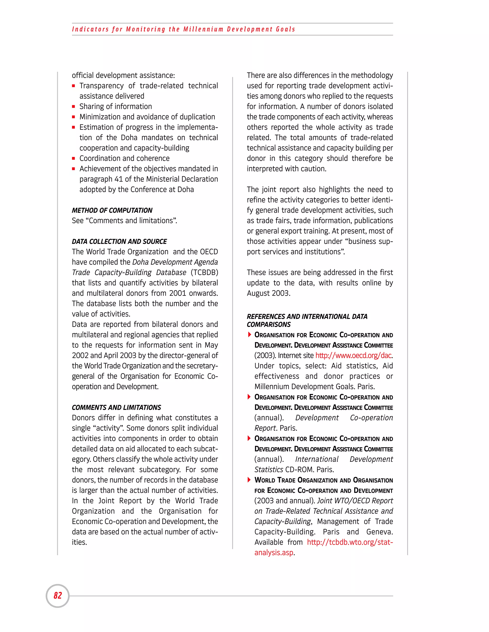 Indicators for Monitoring the Millennium Development Goals




     official development assistance:                  There are also differences in the methodology
     I Transparency of trade-related technical         used for reporting trade development activi-
       assistance delivered                            ties among donors who replied to the requests
     I Sharing of information                          for information. A number of donors isolated
     I Minimization and avoidance of duplication       the trade components of each activity, whereas
     I Estimation of progress in the implementa-       others reported the whole activity as trade
       tion of the Doha mandates on technical          related. The total amounts of trade-related
       cooperation and capacity-building               technical assistance and capacity building per
     I Coordination and coherence                      donor in this category should therefore be
     I Achievement of the objectives mandated in       interpreted with caution.
       paragraph 41 of the Ministerial Declaration
       adopted by the Conference at Doha               The joint report also highlights the need to
                                                       refine the activity categories to better identi-
     METHOD OF COMPUTATION                             fy general trade development activities, such
     See “Comments and limitations”.                   as trade fairs, trade information, publications
                                                       or general export training. At present, most of
     DATA COLLECTION AND SOURCE                        those activities appear under “business sup-
     The World Trade Organization and the OECD         port services and institutions”.
     have compiled the Doha Development Agenda
     Trade Capacity-Building Database (TCBDB)          These issues are being addressed in the first
     that lists and quantify activities by bilateral   update to the data, with results online by
     and multilateral donors from 2001 onwards.        August 2003.
     The database lists both the number and the
     value of activities.                              REFERENCES AND INTERNATIONAL DATA
     Data are reported from bilateral donors and       COMPARISONS
     multilateral and regional agencies that replied     ORGANISATION FOR ECONOMIC CO-OPERATION AND
     to the requests for information sent in May         DEVELOPMENT. DEVELOPMENT ASSISTANCE COMMITTEE
     2002 and April 2003 by the director-general of      (2003). Internet site http://www.oecd.org/dac.
     the World Trade Organization and the secretary-     Under topics, select: Aid statistics, Aid
     general of the Organisation for Economic Co-        effectiveness and donor practices or
     operation and Development.                          Millennium Development Goals. Paris.
                                                         ORGANISATION FOR ECONOMIC CO-OPERATION AND
     COMMENTS AND LIMITATIONS                            DEVELOPMENT. DEVELOPMENT ASSISTANCE COMMITTEE
     Donors differ in defining what constitutes a        (annual). Development Co-operation
     single “activity”. Some donors split individual     Report. Paris.
     activities into components in order to obtain       ORGANISATION FOR ECONOMIC CO-OPERATION AND
     detailed data on aid allocated to each subcat-      DEVELOPMENT. DEVELOPMENT ASSISTANCE COMMITTEE
     egory. Others classify the whole activity under     (annual). International Development
     the most relevant subcategory. For some             Statistics CD-ROM. Paris.
     donors, the number of records in the database       WORLD TRADE ORGANIZATION AND ORGANISATION
     is larger than the actual number of activities.     FOR ECONOMIC CO-OPERATION AND DEVELOPMENT
     In the Joint Report by the World Trade              (2003 and annual). Joint WTO/OECD Report
     Organization and the Organisation for               on Trade-Related Technical Assistance and
     Economic Co-operation and Development, the          Capacity-Building, Management of Trade
     data are based on the actual number of activ-       Capacity-Building. Paris and Geneva.
     ities.                                              Available from http://tcbdb.wto.org/stat-
                                                         analysis.asp.




82
 