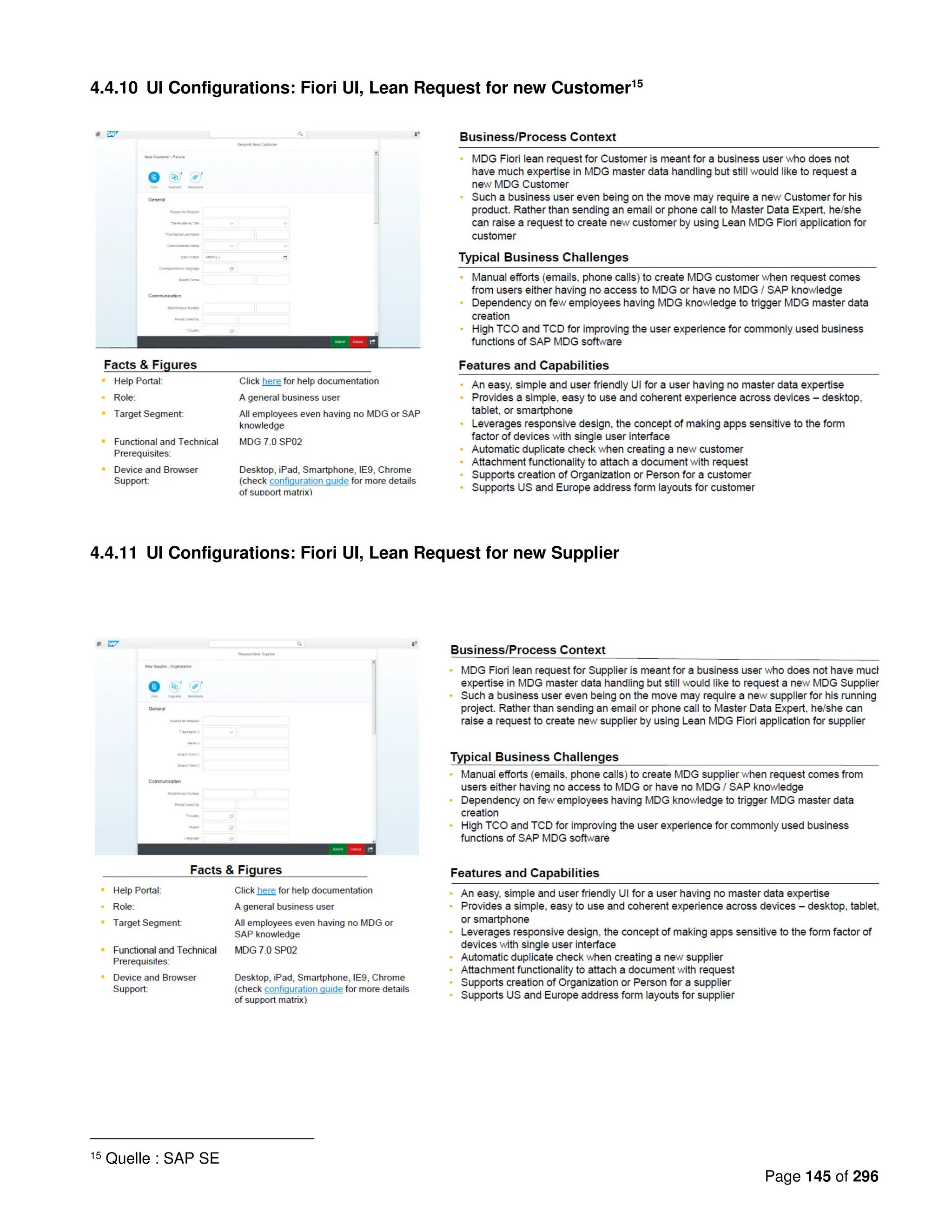 Page 145 of 296
4.4.10 UI Configurations: Fiori UI, Lean Request for new Customer15
4.4.11 UI Configurations: Fiori UI, Lean Request for new Supplier
15 Quelle : SAP SE
 