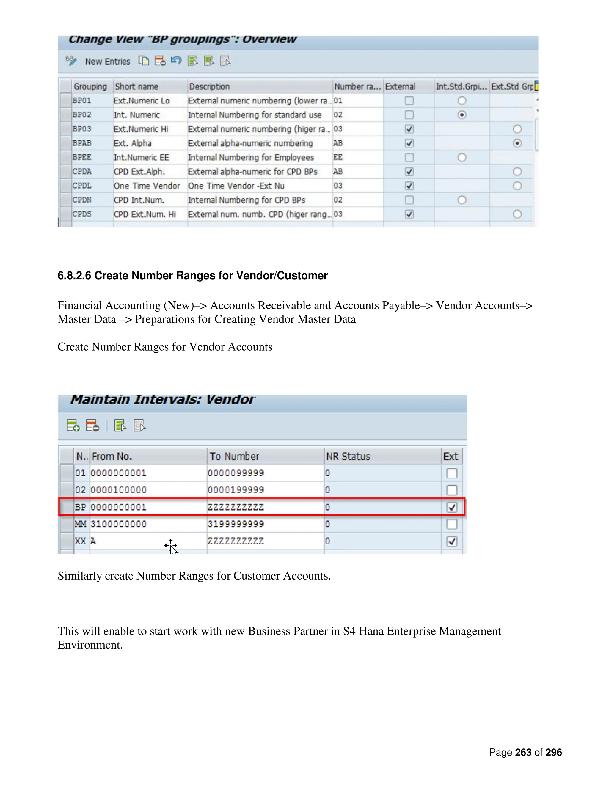 Page 263 of 296
6.8.2.6 Create Number Ranges for Vendor/Customer
Financial Accounting (New)–> Accounts Receivable and Accounts Payable–> Vendor Accounts–>
Master Data –> Preparations for Creating Vendor Master Data
Create Number Ranges for Vendor Accounts
Similarly create Number Ranges for Customer Accounts.
This will enable to start work with new Business Partner in S4 Hana Enterprise Management
Environment.
 