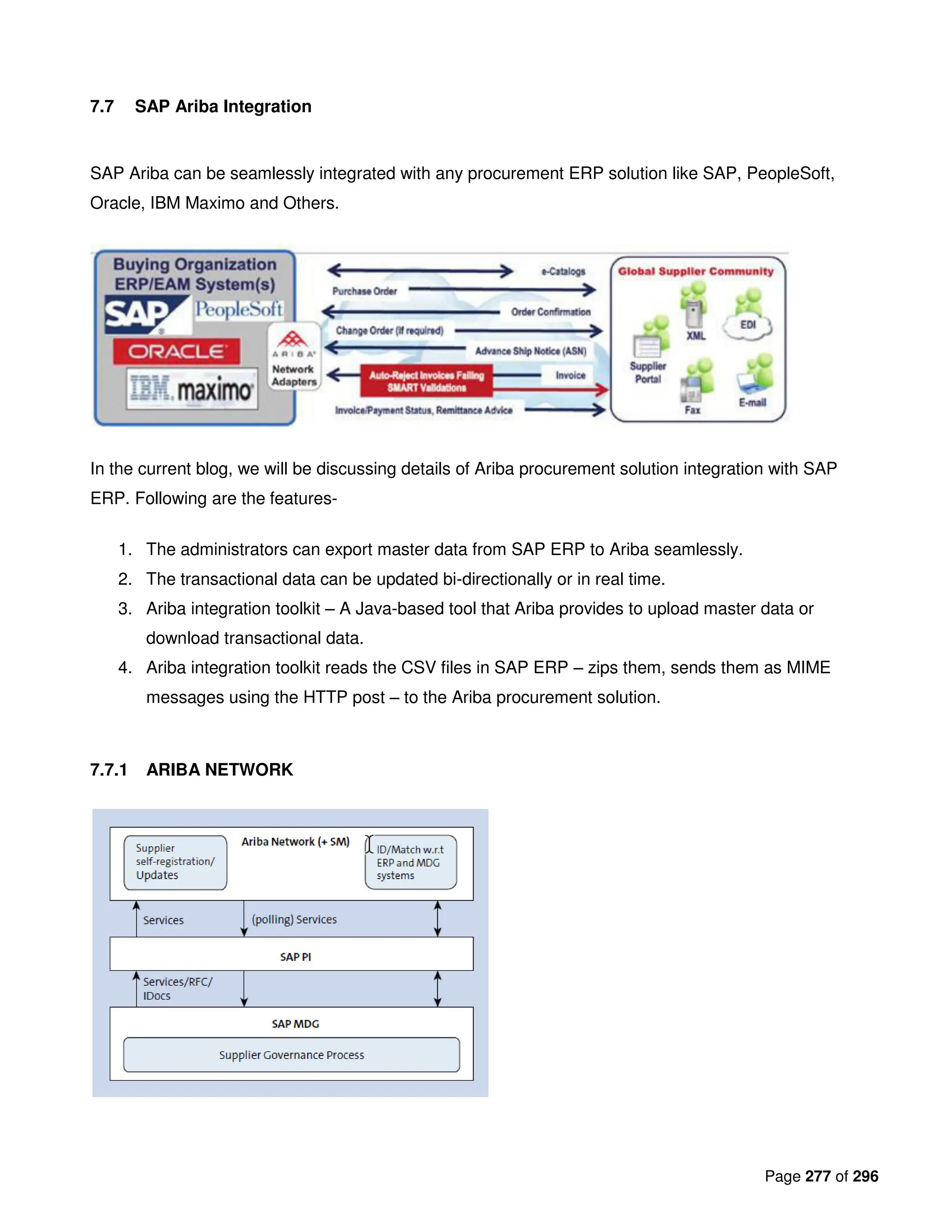 Page 277 of 296
7.7 SAP Ariba Integration
SAP Ariba can be seamlessly integrated with any procurement ERP solution like SAP, PeopleSoft,
Oracle, IBM Maximo and Others.
In the current blog, we will be discussing details of Ariba procurement solution integration with SAP
ERP. Following are the features-
1. The administrators can export master data from SAP ERP to Ariba seamlessly.
2. The transactional data can be updated bi-directionally or in real time.
3. Ariba integration toolkit – A Java-based tool that Ariba provides to upload master data or
download transactional data.
4. Ariba integration toolkit reads the CSV files in SAP ERP – zips them, sends them as MIME
messages using the HTTP post – to the Ariba procurement solution.
7.7.1 ARIBA NETWORK
 