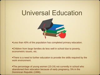 Universal Education



•Less than 40% of the population has completed primary education.

•Children from large families do less well in school due to poverty,
econometric issues, etc.

•There is a need to further education to provide the skills required by the
work environment.

•The percentage of young women (15-24) not currently in school who
abandoned their education because of early pregnancy, 5% in the
Dominican Republic (1996).
 