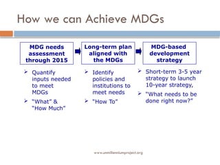 How we can Achieve MDGs
www.unmillenniumproject.org
MDG needs
assessment
through 2015
Long-term plan
aligned with
the MDGs
MDG-based
development
strategy
 Quantify
inputs needed
to meet
MDGs
 “What” &
“How Much”
 Identify
policies and
institutions to
meet needs
 “How To”
 Short-term 3-5 year
strategy to launch
10-year strategy,
 “What needs to be
done right now?”
 
