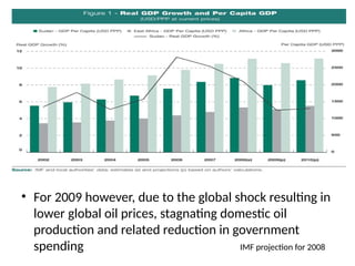 • For 2009 however, due to the global shock resulting in
lower global oil prices, stagnating domestic oil
production and related reduction in government
spending IMF projection for 2008
 