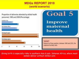MDGs REPORT 2010
                              (world scenario)




Giving birth is especially risky in southern Asia & sub- Saharan Africa, where most
                          women deliver without skilled care
                                                                              34
 