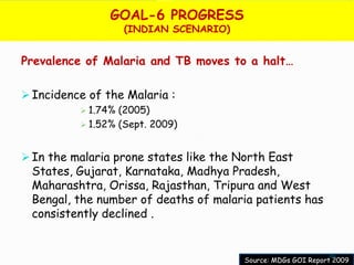 GOAL-6 PROGRESS
                    (INDIAN SCENARIO)


Prevalence of Malaria and TB moves to a halt…

 Incidence of the Malaria :
           1.74% (2005)
           1.52% (Sept. 2009)



 In the malaria prone states like the North East
 States, Gujarat, Karnataka, Madhya Pradesh,
 Maharashtra, Orissa, Rajasthan, Tripura and West
 Bengal, the number of deaths of malaria patients has
 consistently declined .


                                                              46
                                        Source: MDGs GOI Report 2009
 
