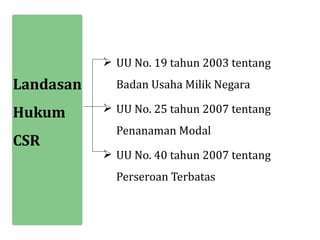  UU No. 19 tahun 2003 tentang
Landasan     Badan Usaha Milik Negara

Hukum       UU No. 25 tahun 2007 tentang
             Penanaman Modal
CSR
            UU No. 40 tahun 2007 tentang
             Perseroan Terbatas
 