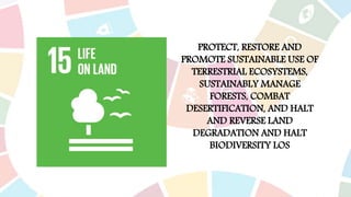 PROTECT, RESTORE AND
PROMOTE SUSTAINABLE USE OF
TERRESTRIAL ECOSYSTEMS,
SUSTAINABLY MANAGE
FORESTS, COMBAT
DESERTIFICATION, AND HALT
AND REVERSE LAND
DEGRADATION AND HALT
BIODIVERSITY LOS
 