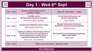 Day 1 - Wed 6th Sept
11:00 - 12:30
Stream A “We Can Work It Out” :
Kingston Theatre
Stream B “Re-Cording” : Lodges
11:00 - 11:30
The NBK and the
UK Distributed Print Book Collection
Rozz Evans, Bethan Ruddock
On the Road to Discovery: the
Museum Data Service
Kevin Gosling
11:30 - 12:00
Introducing the Wikidata Thesis Toolkit
Helen Williams, Ruth Elder
Bengali Cataloguing Challenges:
Making the Undiscovered Discoverable
Waseem Farooq
12:00 - 12:30
Updating the Wessex Classification Scheme
for UK Health Libraries: Case Study in
Improving Inclusion and Diversity in a
Specialist Classification Scheme
Jason Curtis, Lotty Summers
Recording Recent Cataloguing Happenings:
What? How? WHY?
Philip Keates
12:30 - 13:30 Buffet Lunch and Posters : Waterside Room
#CILIPMDG2023 5
 