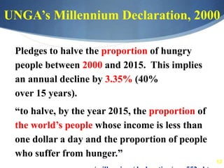 13
UNGA’s Millennium Declaration, 2000
Pledges to halve the proportion of hungry
people between 2000 and 2015. This implies
an annual decline by 3.35% (40%
over 15 years).
“to halve, by the year 2015, the proportion of
the world’s people whose income is less than
one dollar a day and the proportion of people
who suffer from hunger.”
 