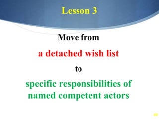 60
Lesson 3
Move from
a detached wish list
to
specific responsibilities of
named competent actors
 