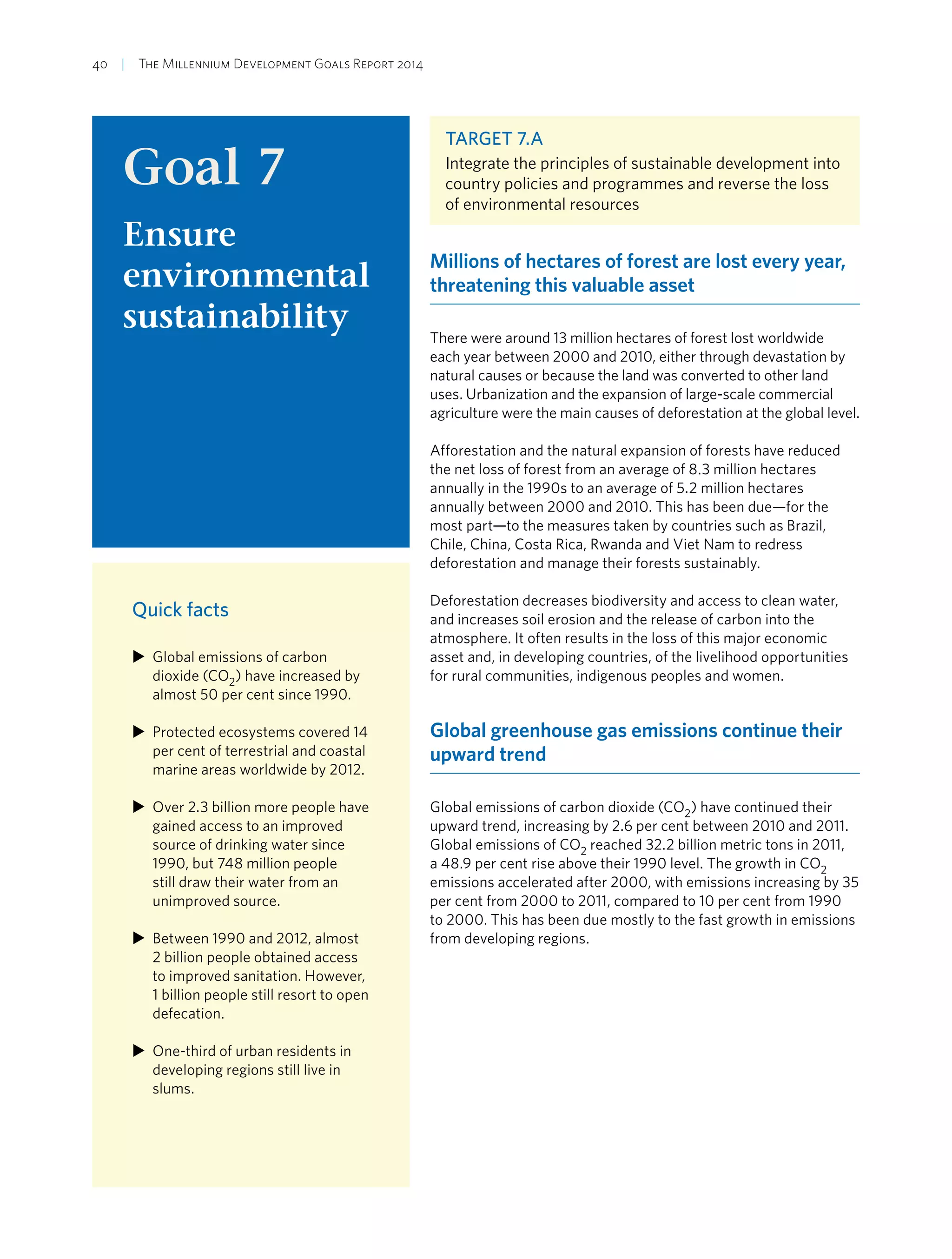 40  |  The Millennium Development Goals Report 2014
Goal 7
Ensure
environmental
sustainability
Target 7.A
Integrate the principles of sustainable development into
country policies and programmes and reverse the loss
of environmental resources
Millions of hectares of forest are lost every year,
threatening this valuable asset
There were around 13 million hectares of forest lost worldwide
each year between 2000 and 2010, either through devastation by
natural causes or because the land was converted to other land
uses. Urbanization and the expansion of large-scale commercial
agriculture were the main causes of deforestation at the global level.
Afforestation and the natural expansion of forests have reduced
the net loss of forest from an average of 8.3 million hectares
annually in the 1990s to an average of 5.2 million hectares
annually between 2000 and 2010. This has been due—for the
most part—to the measures taken by countries such as Brazil,
Chile, China, Costa Rica, Rwanda and Viet Nam to redress
deforestation and manage their forests sustainably.
Deforestation decreases biodiversity and access to clean water,
and increases soil erosion and the release of carbon into the
atmosphere. It often results in the loss of this major economic
asset and, in developing countries, of the livelihood opportunities
for rural communities, indigenous peoples and women.
Global greenhouse gas emissions continue their
upward trend
Global emissions of carbon dioxide (CO2) have continued their
upward trend, increasing by 2.6 per cent between 2010 and 2011.
Global emissions of CO2 reached 32.2 billion metric tons in 2011,
a 48.9 per cent rise above their 1990 level. The growth in CO2
emissions accelerated after 2000, with emissions increasing by 35
per cent from 2000 to 2011, compared to 10 per cent from 1990
to 2000. This has been due mostly to the fast growth in emissions
from developing regions.
XX Global emissions of carbon
dioxide (CO2) have increased by
almost 50 per cent since 1990.
XX Protected ecosystems covered 14
per cent of terrestrial and coastal
marine areas worldwide by 2012.
XX Over 2.3 billion more people have
gained access to an improved
source of drinking water since
1990, but 748 million people
still draw their water from an
unimproved source.
XX Between 1990 and 2012, almost
2 billion people obtained access
to improved sanitation. However,
1 billion people still resort to open
defecation.
XX One-third of urban residents in
developing regions still live in
slums.
Quick facts
 
