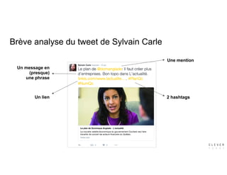 Brève analyse du tweet de Sylvain Carle
Un message en
(presque)
une phrase
2 hashtags
Une mention
Un lien
 