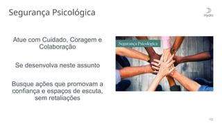 102
Segurança Psicológica
Atue com Cuidado, Coragem e
Colaboração
Se desenvolva neste assunto
Busque ações que promovam a
confiança e espaços de escuta,
sem retaliações
 