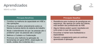 Aprendizados
MDHO na B&A
Principais Benefícios
• Contribui na melhoria da capacidade em HSE e
nas operações
• Promove um melhor entendimento sobre os
fatores humanos dentro do sistema de trabalho
• Muda o entendimento de que “as pessoas são o
problema” para “as pessoas são a solução”
• Melhora o Cuidado e a Colaboração
• Promove uma melhoria na aplicação de
ferramentas em geral (WOC, observação de
tarefa, análise dos incidentes etc.)
Principais Desafios
• Resistência para mudança de paradigmas em
segurança, não apenas por parte dos líderes,
mas também dos profissionais de HSE
• Alguns líderes podem querer resultados em
curto prazo (o que não acontece)
• Encontrar e manter bons facilitadores e
especialistas
• Garantir o engajamento para um contínuo
aprendizado e aplicação
 
