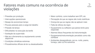 Fatores mais comuns na ocorrência de
violações
• Pressões por produção
• Interrupções operacionais
• Desejo de economizar tempo
• Poucas pessoas para a carga de trabalho
• Pressão de tempo
• Dificuldades na execução da tarefa
• Aceitação da supervisão
• Não ter a ferramenta ou equipamento correto
disponível
• Condições climáticas extremas
• Procedimentos difíceis de ler ou desatualizados
• Maior conforto, como trabalhar sem EPI, etc
• Percepção de que as regras são muito restritivas
• Crença de que as regras não se aplicam mais
• Falta de reforço da regra
• Equipamento ou software que parece lento para
responder
• Alarmes falsos frequentes da instrumentação
• Equipamento/instrumentação percebido como não
confiável
• Ambientes desagradáveis, por ex. ruído, poeira,
fumaça, calor ou frio extremos
 