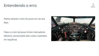 Entendendo o erro
Pilotos retraíam o trem de pouso em vez dos
flaps.
Flaps e o trem de pouso tinham interruptores
idênticos, posicionados lado a lado e operados
em sequência.
 