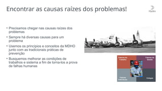 Encontrar as causas raízes dos problemas!
• Precisamos chegar nas causas raízes dos
problemas
• Sempre há diversas causas para um
problema
• Usemos os princípios e conceitos da MDHO
junto com as tradicionais práticas de
prevenção
• Busquemos melhorar as condições de
trabalhos e sistema a fim de torna-los a prova
de falhas humanas
 