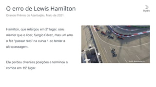 O erro de Lewis Hamilton
Hamilton, que relargou em 2º lugar, saiu
melhor que o líder, Sergio Pérez, mas um erro
o fez “passar reto” na curva 1 ao tentar a
ultrapassagem.
Ele perdeu diversas posições e terminou a
corrida em 15º lugar.
Grande Prêmio do Azerbaijão, Maio de 2021
 