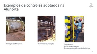 87
Exemplos de controles adotados na
Alunorte
Treinamento
Ponto de ancoragem
Equipamento de Proteção Individual
Barreiras de proteção
Proteção de Máquinas
 