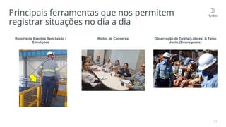 91
Principais ferramentas que nos permitem
registrar situações no dia a dia
Reporte de Eventos Sem Lesão /
Condições
Rodas de Conversa Observação de Tarefa (Líderes) & Tamu
Junto (Empregados)
 