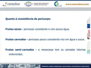Quanto à consistência do pericarpo:
Frutos secos - pericarpo consistente e com pouca água.
Frutos carnudos - pericarpo pouco consistente rico em água e sucos.
Frutos semi-carnudos - o mesocarpo tem as camadas internas
endurecidas.
 
