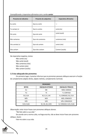 24
Exemplificando o imperativo afirmativo com o verbo cantar
Presente do indicativo Presente do subjuntivo Imperativo afirmativo
Eu canto Que eu cante —
Tu cantas (-s) Que tu cantes canta (tu)
Ele canta Que ele cante
cante (você)
Nós cantamos Que nós cantemos cantemos (nós)
Vós cantais (-s) Que vós canteis cantai (vós)
Eles cantam Que eles cantem Cantem (vocês)
No imperativo negativo, temos:
Não cantes (tu)
Não cante (você)
Não cantemos (nós)
Não canteis (vós)
Não cantem (vocês)
1.5 Uso adequado dos pronomes
Em primeiro lugar, é preciso informar que os pronomes pessoais oblíquos exercem a função
de complemento (objeto direto, objeto indireto, complemento nominal).
PRONOMES
RETOS OBLÍQUOS ÁTONOS OBLÍQUOS TÔNICOS
EU ME MIM, COMIGO
TU TE TI, CONTIGO
ELE, ELA SE, O, A, LHE SI, CONSIGO, ELE, ELA
NÓS NOS NÓS, CONOSCO
VÓS VOS VÓS, CONVOSCO
ELES, ELAS SE, OS, AS, LHES SI, CONSIGO, ELES, ELAS
Observação: evite iniciar frases com pronomes oblíquos átonos.
"Me fale sobre a sua vida."
De acordo com a norma culta, na língua escrita, não se deve iniciar frase com pronome
oblíquo. Assim:
Fale-me sobre a sua vida.
 