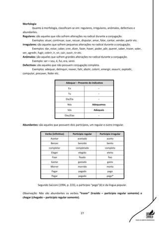 27
Morfologia
Quanto à morfologia, classificam-se em: regulares, irregulares, anômalos, defectivos e
abundantes.
Regulares: são aqueles que não sofrem alterações no radical durante a conjugação.
Exemplos: atuar, continuar, suar, recuar, disputar, amar, falar, cantar, vender, partir etc.
Irregulares: são aqueles que sofrem pequenas alterações no radical durante a conjugação.
Exemplos: dar, estar, caber, crer, dizer, fazer, haver, poder, pôr, querer, saber, trazer, valer,
ver, agredir, fugir, cobrir, ir, vir, cair, ouvir, rir etc.
Anômalos: são aqueles que sofrem grandes alterações no radical durante a conjugação.
Exemplo: ser = sou, é, fui, era, serei.
Defectivos: são aqueles que não possuem conjugação completa.
Exemplos: adequar, delinquir, reaver, falir, abolir, colorir, emergir, exaurir, explodir,
computar, precaver, feder etc.
Adequar – Presente do indicativo
Eu -
Tu -
Ele/Ela -
Nós Adequamos
Vós Adequais
Eles/Elas -
Abundantes: são aqueles que possuem dois particípios, um regular e outro irregular.
Verbo (infinitivo) Particípio regular Particípio irregular
Aceitar aceitado aceito
Benzer benzido bento
completar completado completo
Eleger elegido eleito
Fixar fixado fixo
Gastar gastado gasto
Morrer morrido morto
Pagar pagado pago
Pegar pegado pego*
Segundo Sacconi (1994, p. 223), o particípio “pego”(ê) é da língua popular.
Observação: Não são abundantes os verbos “trazer” (trazido – particípio regular somente) e
chegar (chegado – particípio regular somente).
 