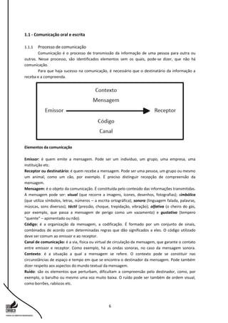 6
1.1 - Comunicação oral e escrita
1.1.1 Processo de comunicação
Comunicação é o processo de transmissão da informação de uma pessoa para outra ou
outras. Nesse processo, são identificados elementos sem os quais, pode-se dizer, que não há
comunicação.
Para que haja sucesso na comunicação, é necessário que o destinatário da informação a
receba e a compreenda.
Elementos da comunicação
Emissor: é quem emite a mensagem. Pode ser um indivíduo, um grupo, uma empresa, uma
instituição etc.
Receptor ou destinatário: é quem recebe a mensagem. Pode ser uma pessoa, um grupo ou mesmo
um animal, como um cão, por exemplo. É preciso distinguir recepção de compreensão da
mensagem.
Mensagem: é o objeto da comunicação. É constituída pelo conteúdo das informações transmitidas.
A mensagem pode ser: visual (que recorre a imagens, ícones, desenhos, fotografias); simbólica
(que utiliza símbolos, letras, números – a escrita ortográfica); sonora (linguagem falada, palavras,
músicas, sons diversos); táctil (pressão, choque, trepidação, vibração); olfativa (o cheiro do gás,
por exemplo, que passa a mensagem de perigo como um vazamento) e gustativa (tempero
“quente” – apimentado ou não).
Código: é a organização da mensagem, a codificação. É formado por um conjunto de sinais,
combinados de acordo com determinadas regras que dão significados a eles. O código utilizado
deve ser comum ao emissor e ao receptor.
Canal de comunicação: é a via, física ou virtual de circulação da mensagem, que garante o contato
entre emissor e receptor. Como exemplo, há as ondas sonoras, no caso da mensagem sonora.
Contexto: é a situação a qual a mensagem se refere. O contexto pode se constituir nas
circunstâncias de espaço e tempo em que se encontra o destinador da mensagem. Pode também
dizer respeito aos aspectos do mundo textual da mensagem.
Ruído: são os elementos que perturbam, dificultam a compreensão pelo destinador, como, por
exemplo, o barulho ou mesmo uma voz muito baixa. O ruído pode ser também de ordem visual,
como borrões, rabiscos etc.
 