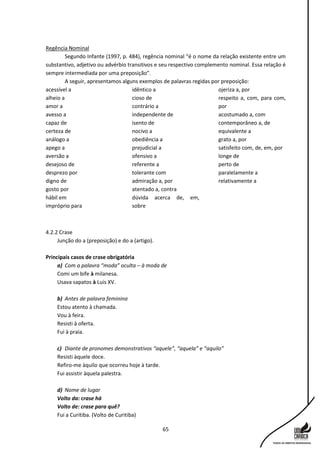 65
Regência Nominal
Segundo Infante (1997, p. 484), regência nominal “é o nome da relação existente entre um
substantivo, adjetivo ou advérbio transitivos e seu respectivo complemento nominal. Essa relação é
sempre intermediada por uma preposição”.
A seguir, apresentamos alguns exemplos de palavras regidas por preposição:
acessível a
alheio a
amor a
avesso a
capaz de
certeza de
análogo a
apego a
aversão a
desejoso de
desprezo por
digno de
gosto por
hábil em
impróprio para
idêntico a
cioso de
contrário a
independente de
isento de
nocivo a
obediência a
prejudicial a
ofensivo a
referente a
tolerante com
admiração a, por
atentado a, contra
dúvida acerca de, em,
sobre
ojeriza a, por
respeito a, com, para com,
por
acostumado a, com
contemporâneo a, de
equivalente a
grato a, por
satisfeito com, de, em, por
longe de
perto de
paralelamente a
relativamente a
4.2.2 Crase
Junção do a (preposição) e do a (artigo).
Principais casos de crase obrigatória
a) Com a palavra “moda” oculta – à moda de
Comi um bife à milanesa.
Usava sapatos à Luis XV.
b) Antes de palavra feminina
Estou atento à chamada.
Vou à feira.
Resisti à oferta.
Fui à praia.
c) Diante de pronomes demonstrativos “aquele”, “aquela” e “aquilo”
Resisti àquele doce.
Refiro-me àquilo que ocorreu hoje à tarde.
Fui assistir àquela palestra.
d) Nome de lugar
Volto da: crase há
Volto de: crase para quê?
Fui a Curitiba. (Volto de Curitiba)
 
