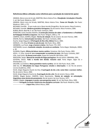 69
Referências (Obras utilizadas como referência para a produção do material de apoio)
ARANHA, Maria Lúcia de Arruda; MARTINS, Maria Helena Pires. Filosofando: introdução à Filosofia.
2. ed. São Paulo: Moderna, 1997.
ARANHA, Maria Lúcia de Arruda; MARTINS, Maria Helena Pires. Temas de Filosofia. São Paulo:
Moderna, 1992. p. 171.
BECHARA, Evanildo. O que muda com o Novo Acordo Ortográfico. Rio de Janeiro: Nova Fronteira,
BECHARA, Evanildo. Moderna gramática Portuguesa. Rio de Janeiro: Nova Fronteira, 2006.
BUBER, Martin. Eu e Tu. 6. ed. São Paulo: Centauro, 2003.
BYINGTON, Carlos Amadeu Botelho. A construção amorosa do saber: o fundamento e a finalidade
da Pedagogia Simbólica Junguiana. São Paulo: Religare, 2003, p. 74.
CAMPOS, Edson, SOARES, Magda. Técnica de redação. Rio de Janeiro: Ao Livro Técnico, 1989.
DISCINI, Norma. Comunicação nos textos. São Paulo: Contexto, 2005.
Duarte, Sergio Nogueira. O Português do Dia a Dia, Editora Rocco, 2003.
GERALDI, J. W. (Org.) O texto na sala de aula. São Paulo: Ática, 2004
GRINBERG, Luiz Paulo. Jung: o homem criativo. São Paulo: FTD, 1997.
HOFFMANN, Jussara. Avaliando redações: da escola ao vestibular. Porto Alegre: Mediação, 20002,
p. 40.
KLEIMAN, Ângela. Oficina de leitura: teoria e prática. Campinas, São Paulo: Pontes, 2001.
KOCH, I. V. Elias, Vanda M. Ler e compreender: os sentidos do texto. São Paulo: Contexto, 2007
LEAL, José Carlos. Os deuses eram assim. Duque de Caxias/RJ: Mil Folhas, 1997.
NOGUEIRA, Sérgio. Manual de consulta da língua portuguesa. Rio de Janeiro: IBRAHMA, 1995.
OLIVEIRA, Edison. Todo o mundo tem dúvida: inclusive você. Porto Alegre: Sagra Ed. e
Distribuidora, s. d.
SACCONI, Luiz Antônio. Nossa gramática: teoria e prática. 18. Ed. São Paulo: Atual, 1994.
SAID ALI, M. Dificuldades da Língua Portuguesa: estudos e observações. 4. ed. Rio de Janeiro:
Livraria Acadêmica, 1950.
SILVA, Sérgio Nogueira Duarte da Silva. O português do dia a dia: como falar e escrever melhor.
Rio de Janeiro: Rocco, 2004.
SILVA, Sérgio Nogueira Duarte da. O português do dia a dia. Rio de Janeiro: Rocco, 2004.
SOARES, Magda Becker; CAMPOS, Edson Nascimento. Técnica de redação: as articulações
linguísticas como técnica do pensamento. Rio de Janeiro: Ao Livro Técnico, 1977.
SOARES, Magda. Linguagem e escola: uma perspectiva social. 18. ed. São Paulo: Ática, 1999.
––––––– Português na escola: história de uma disciplina curricular. São Paulo: Moderna, 1996.
------------------------. Língua Viva, Editora Rocco, 2000.
 