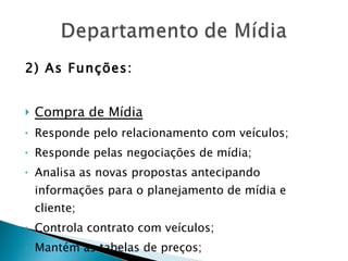 2) As Funções: Compra de Mídia Responde pelo relacionamento com veículos; Responde pelas negociações de mídia; Analisa as novas propostas antecipando informações para o planejamento de mídia e cliente; Controla contrato com veículos; Mantém as tabelas de preços; 