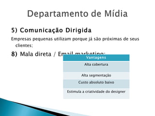 5) Comunicação Dirigida Empresas pequenas utilizam porque já são próximas de seus clientes; 8)  Mala direta / Email marketing: Vantagens Alta cobertura Alta segmentação Custo absoluto baixo Estimula a criatividade do designer 